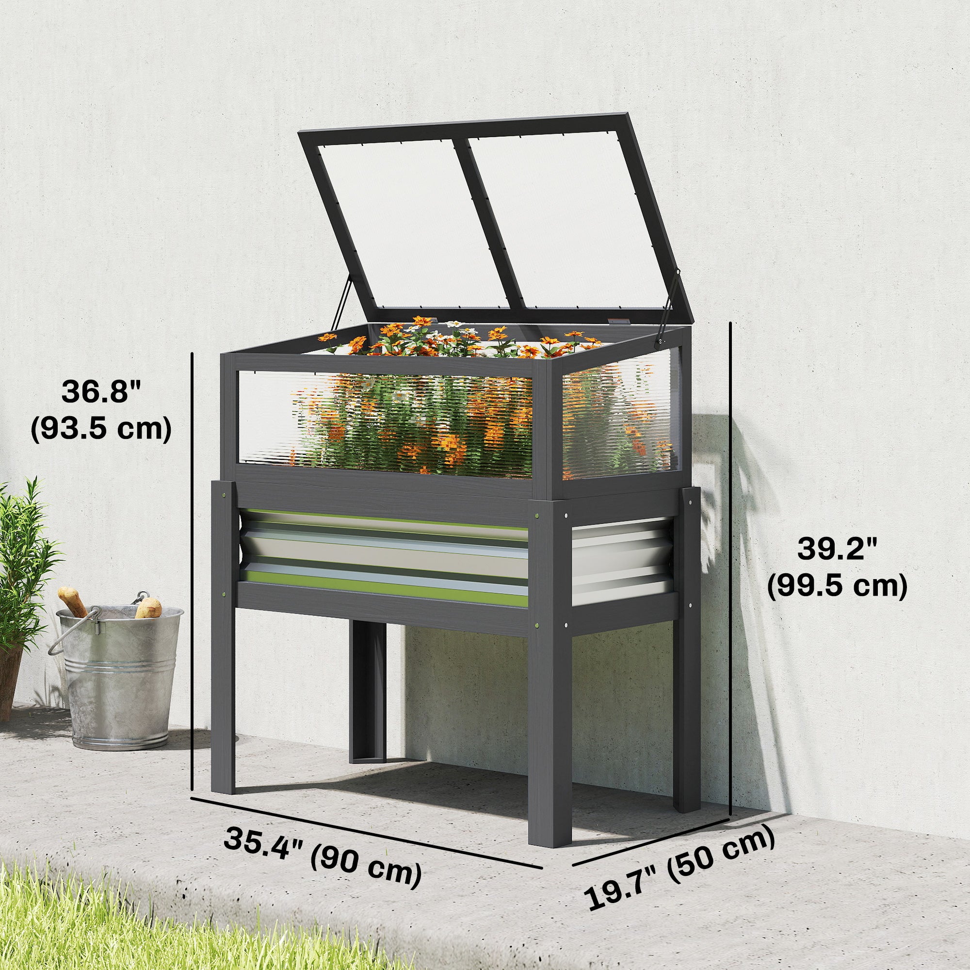 Raised Garden Bed with Flip-Up Greenhouse Top, Wooden Elevated Planter Box with Legs and Liner, Grey