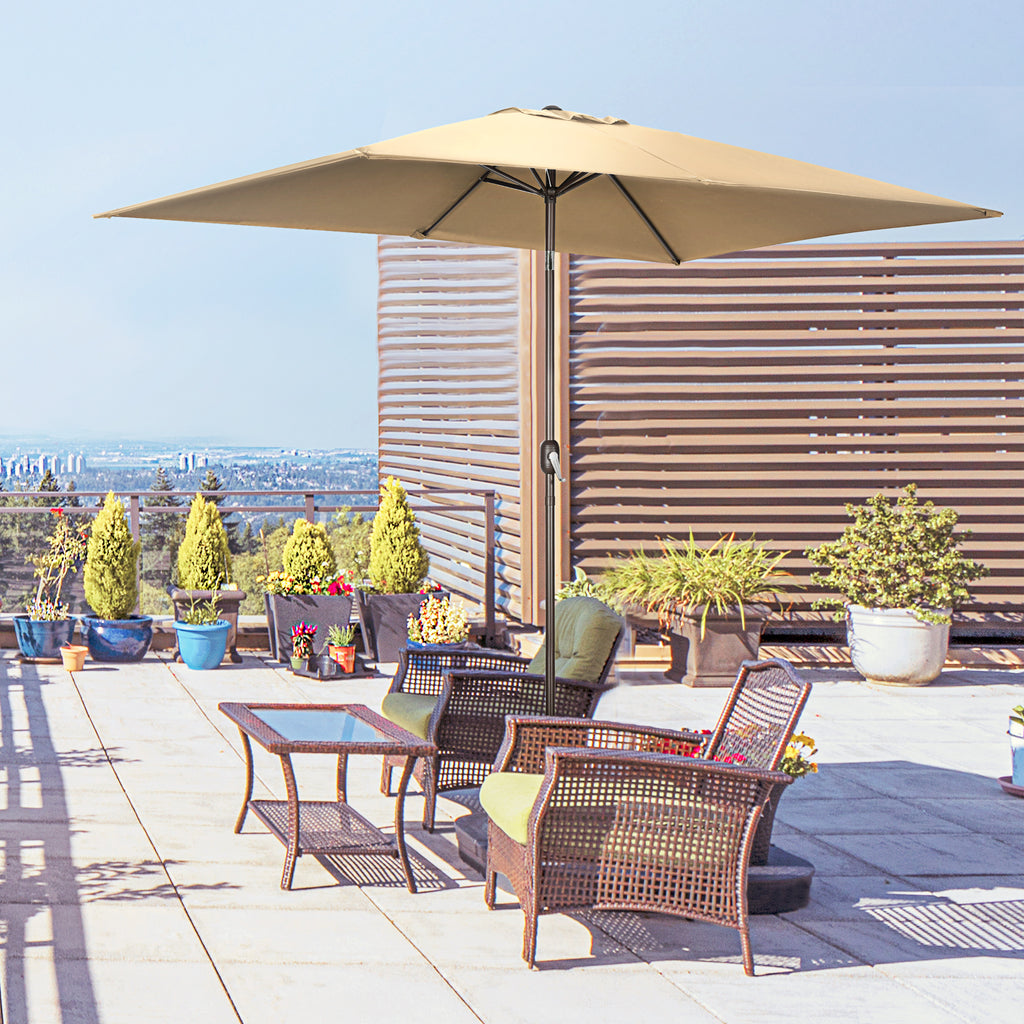 6.5x10ft Patio Umbrella, Rectangle Market Umbrella with Aluminum Frame and Crank Handle, Garden Parasol Outdoor Sunshade Canopy, Tan