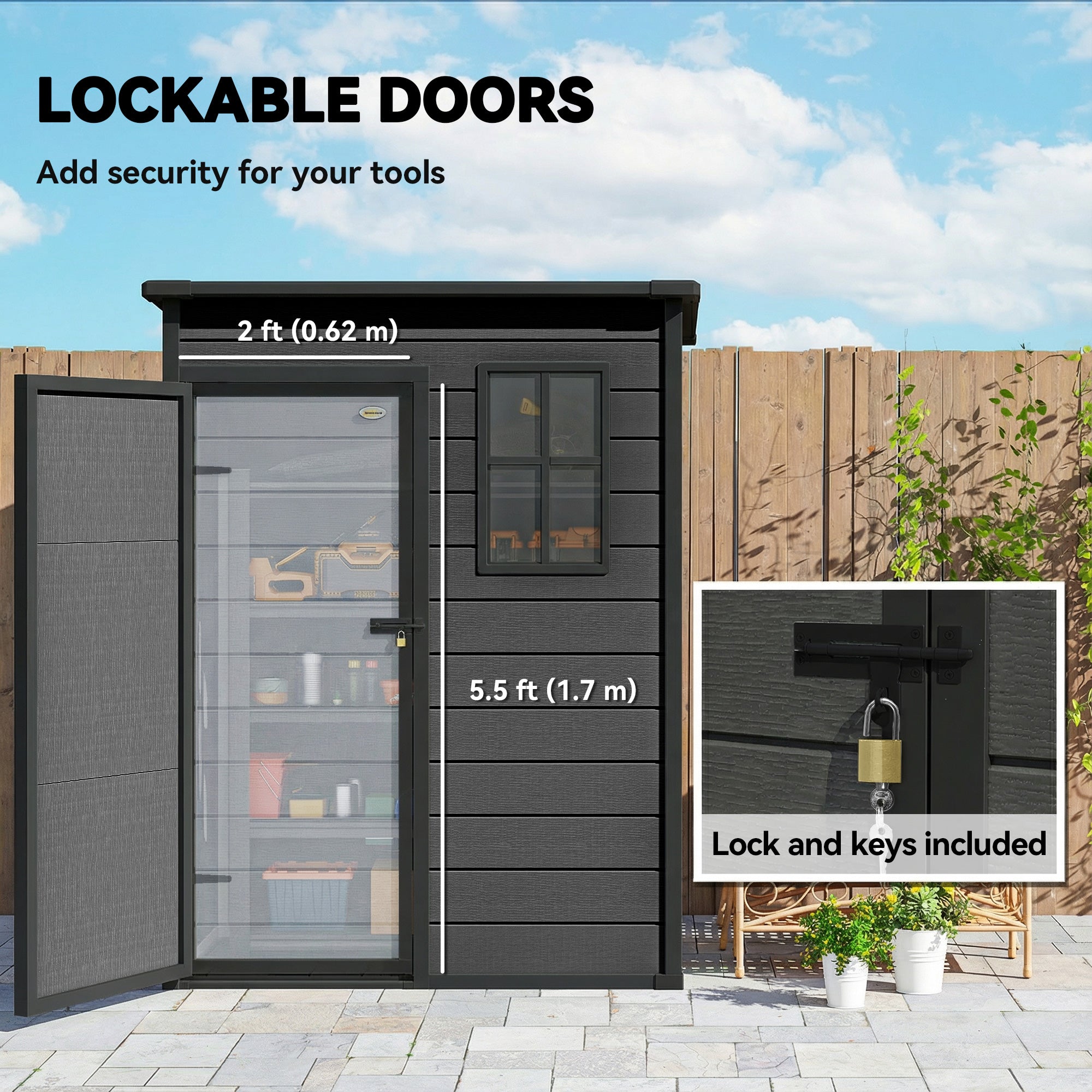5 x 3FT Garden Shed with Floor, Outdoor Storage Shed with Lockable Door, Window and Vent for Backyard, Patio, Dark Grey