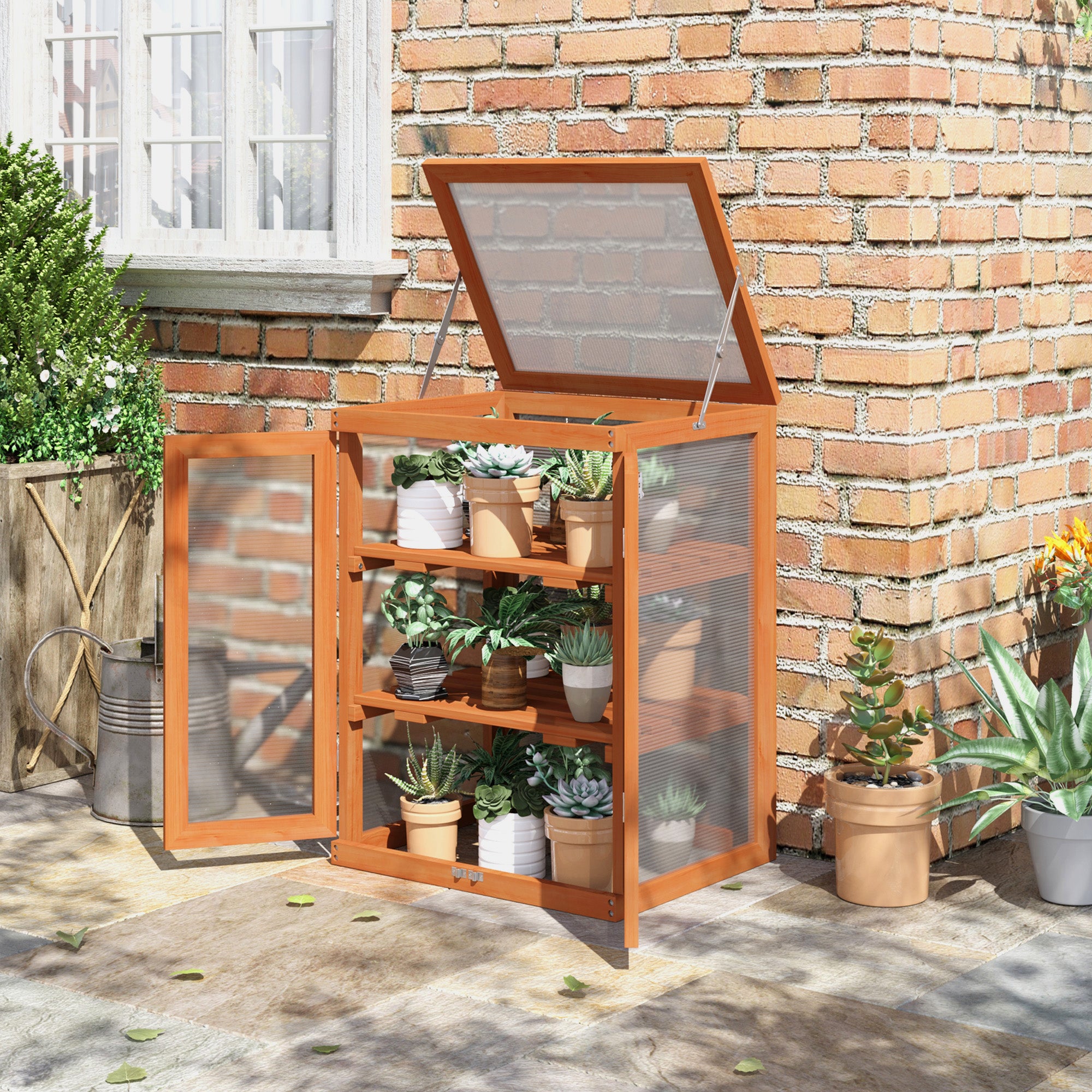 Wooden 2 Tier Cold Frame Greenhouse Polycarbonate Plant Grow House Portable Garden, 22.8" x 17.3" x 30.7", Orange