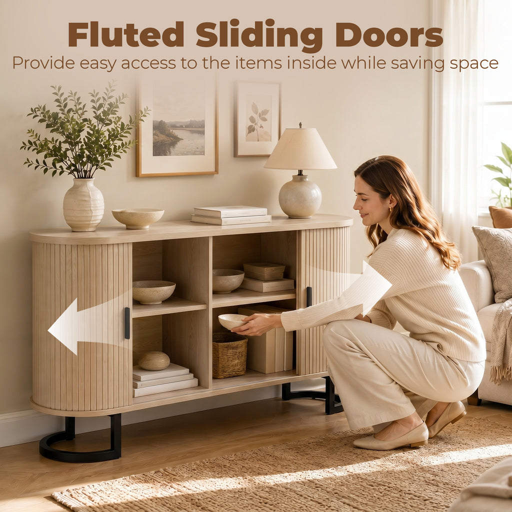 Fluted Sideboard Buffet Cabinet, 55" Modern Coffee Bar Cabinet with Sliding Doors and Adjustable Shelves, Natural