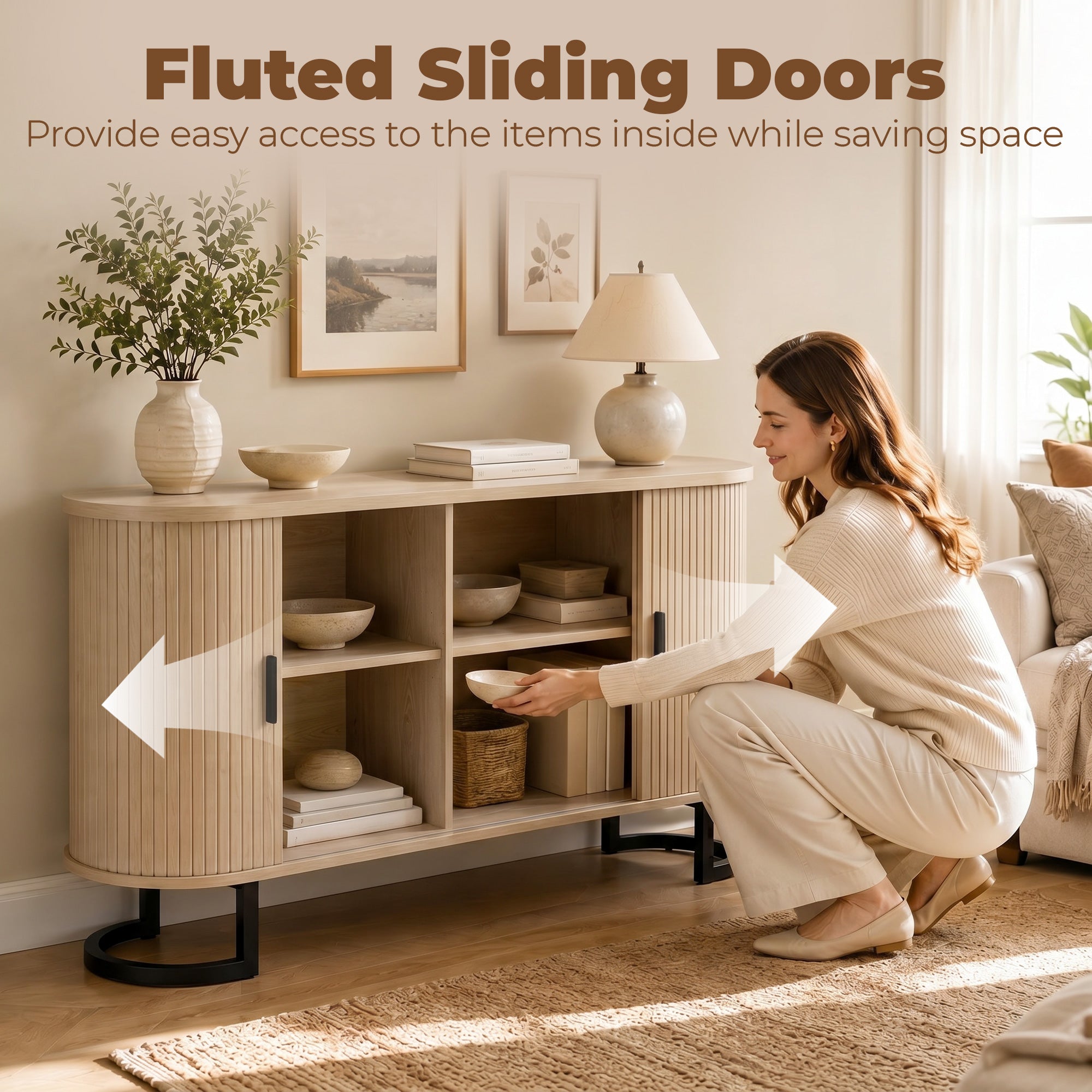 Fluted Sideboard Buffet Cabinet, 55" Modern Coffee Bar Cabinet with Sliding Doors and Adjustable Shelves, Natural