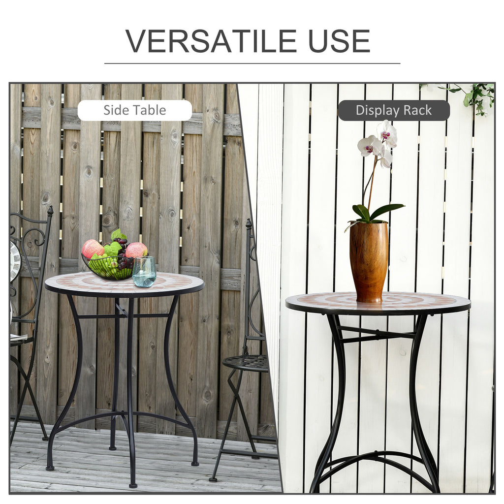 23.5" Mosaic Round Patio Table, Metal Side Bistro Coffee Table, Outdoor Furniture, Ceramic Tabletop for Garden Lawn