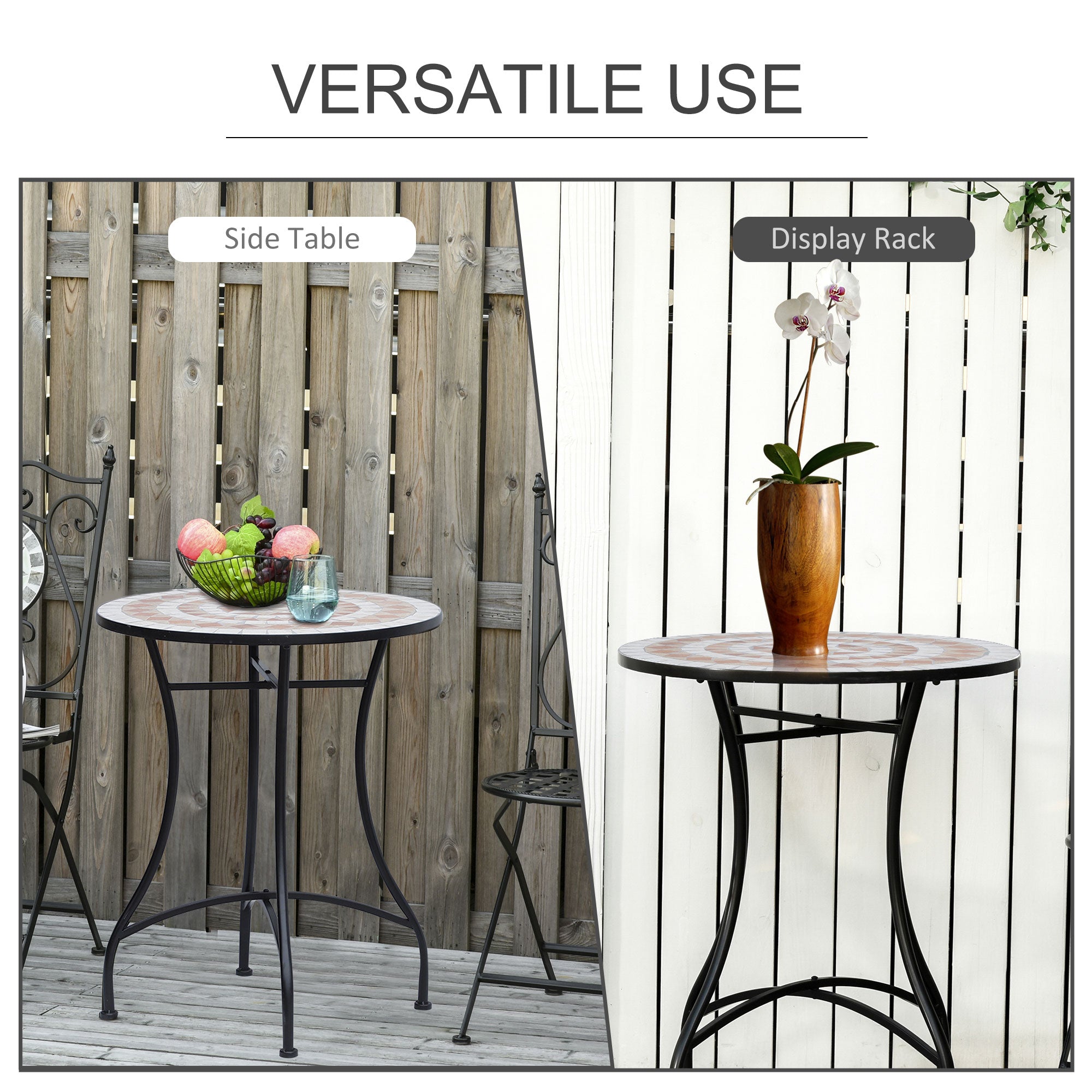23.5" Mosaic Round Patio Table, Metal Side Bistro Coffee Table, Outdoor Furniture, Ceramic Tabletop for Garden Lawn