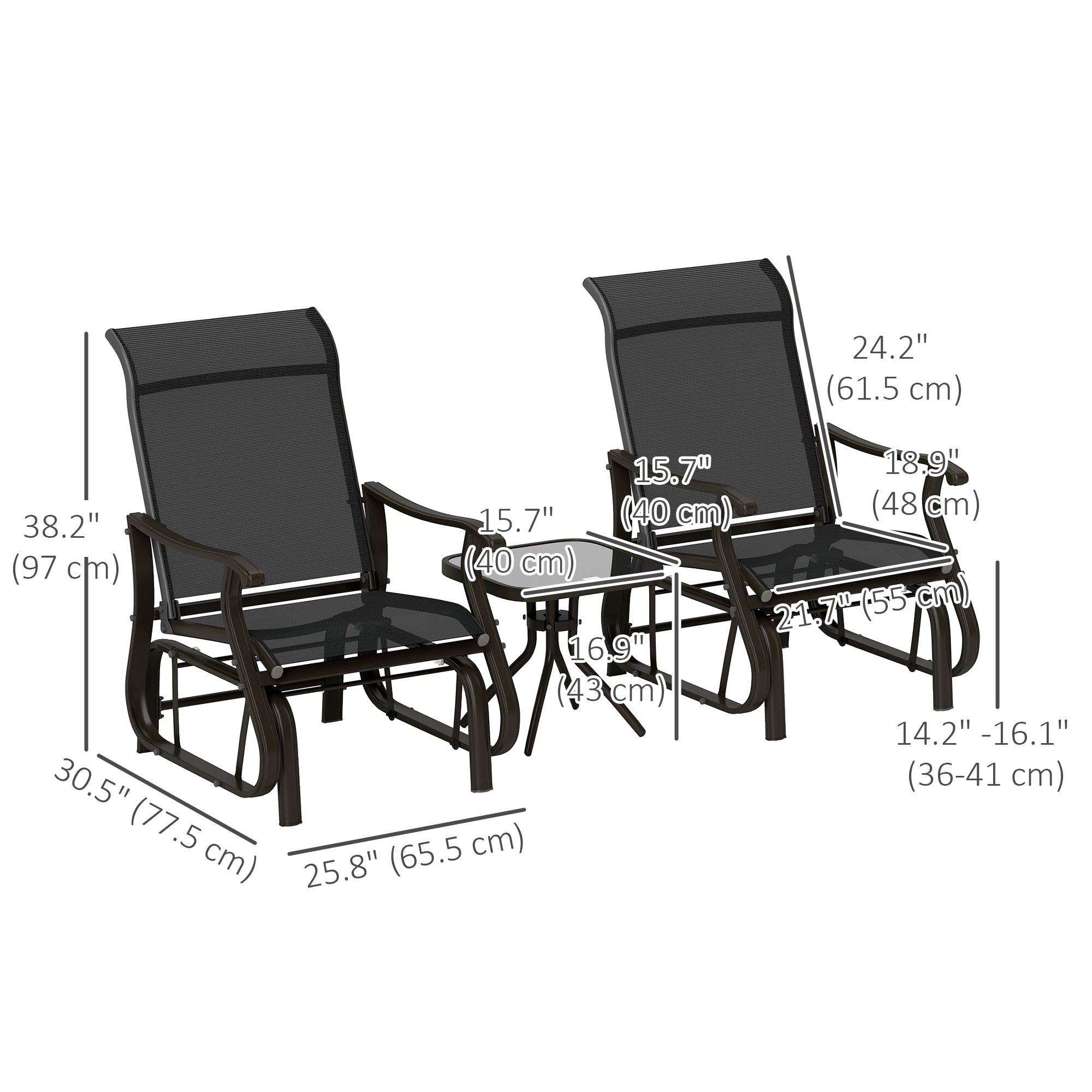 3PCs Gliding Rocking Chair & Bistro Tea Table Set, Black