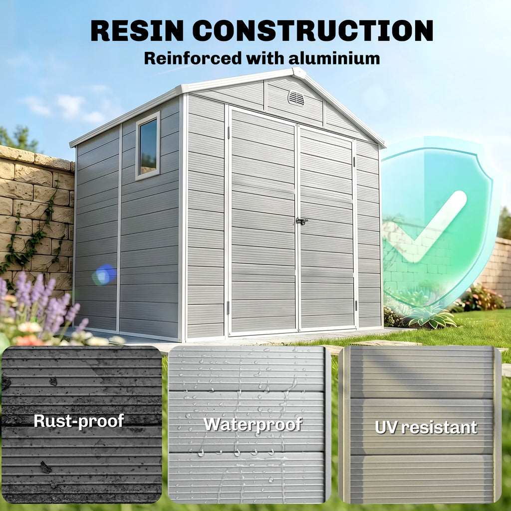 8' x 6' Plastic Garden Storage Shed with Latch Door, Vents, Sloped Roof, Light Grey