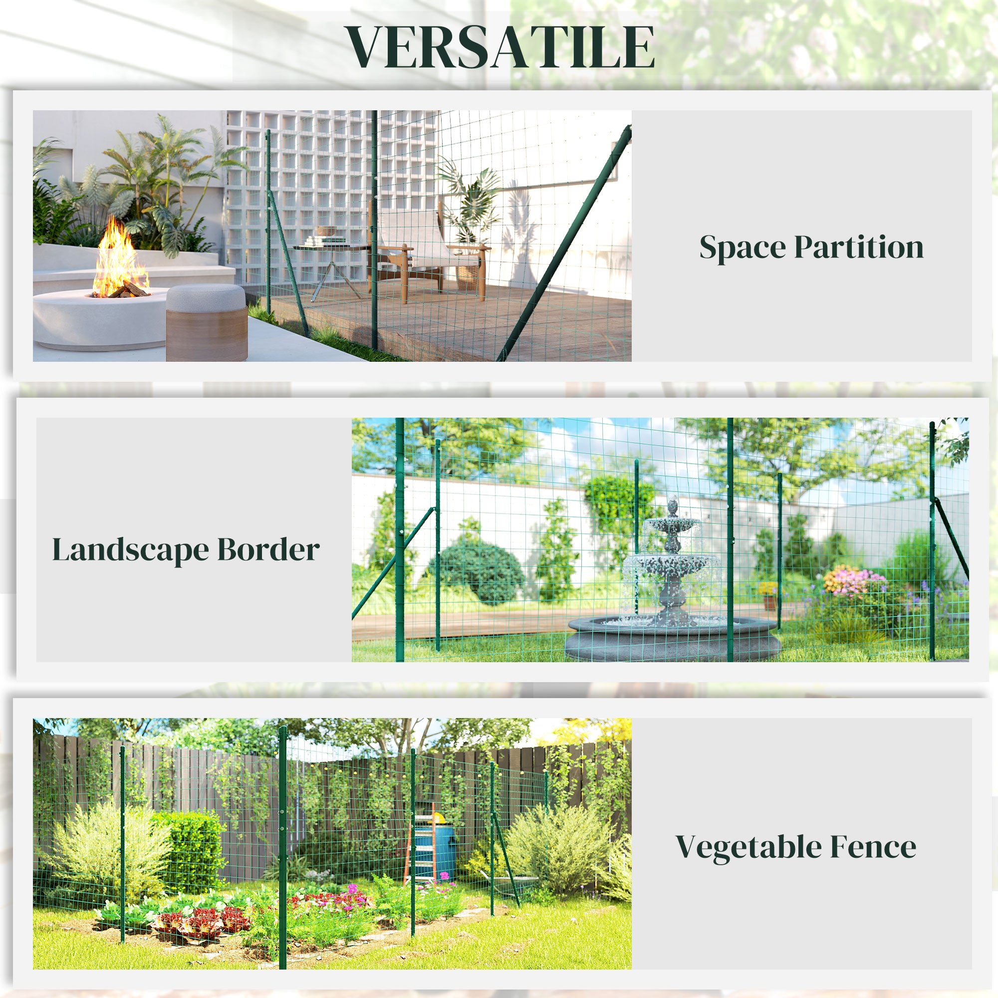 Garden Fence Barrier, Welded Fence Roll, Includes Posts & Support Braces, Green Plastic-Coated Steel