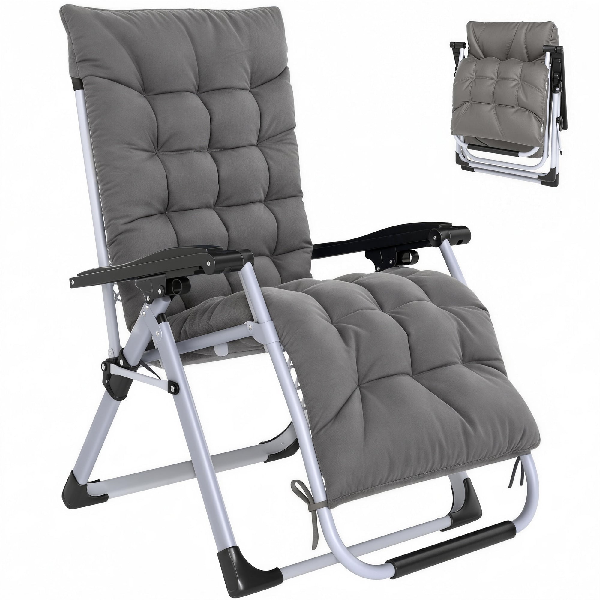 Reclining Zero Gravity Chair with Adjustable Backrest, Folding Garden Sun Lounger, Outdoor Recliner with Removable Cushion and Headrest, Dark Grey
