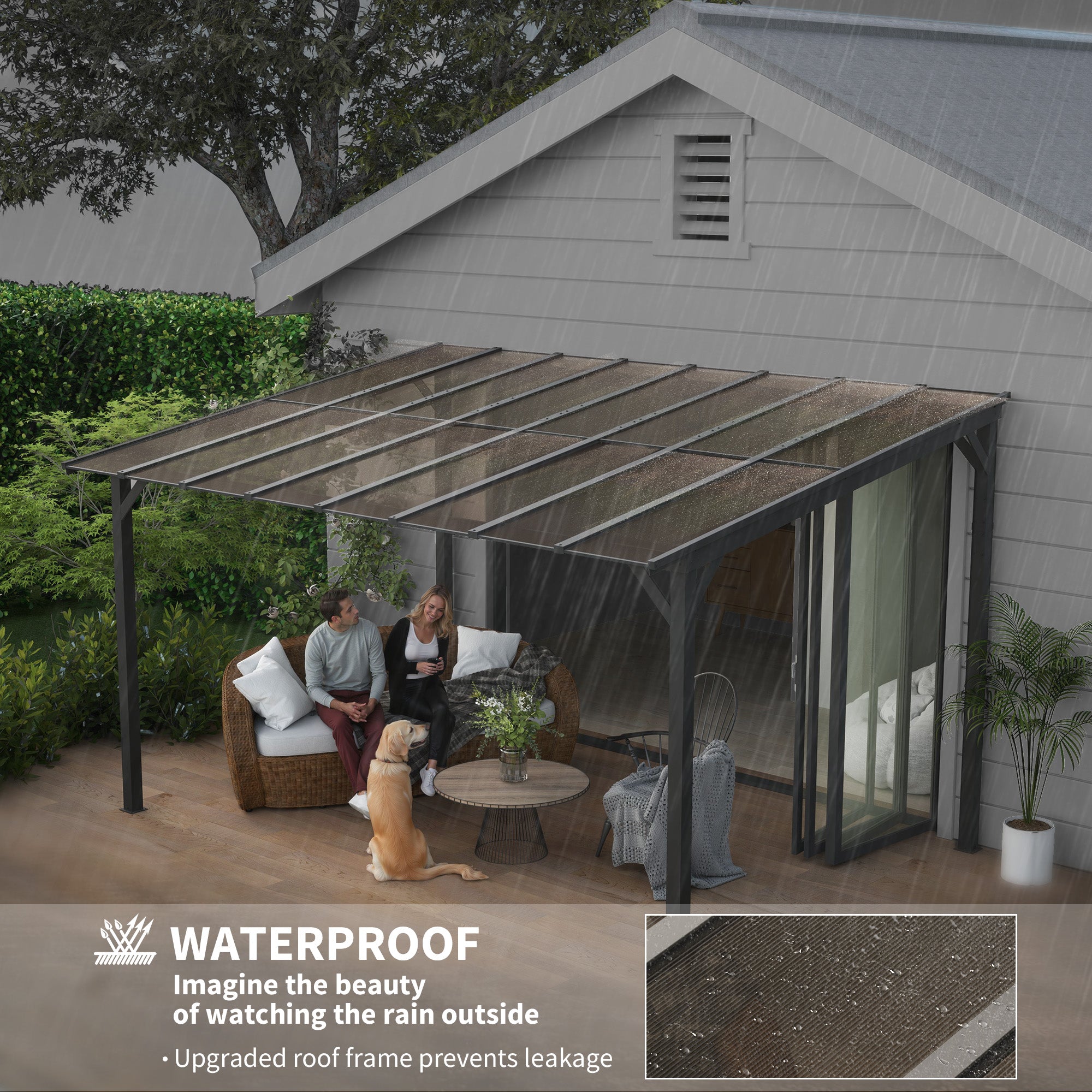 10' x 14' Hardtop Gazebo Wall-Mounted / Free Standing Outdoor Pergola with UPF 50+ & Waterproof Polycarbonate Roof