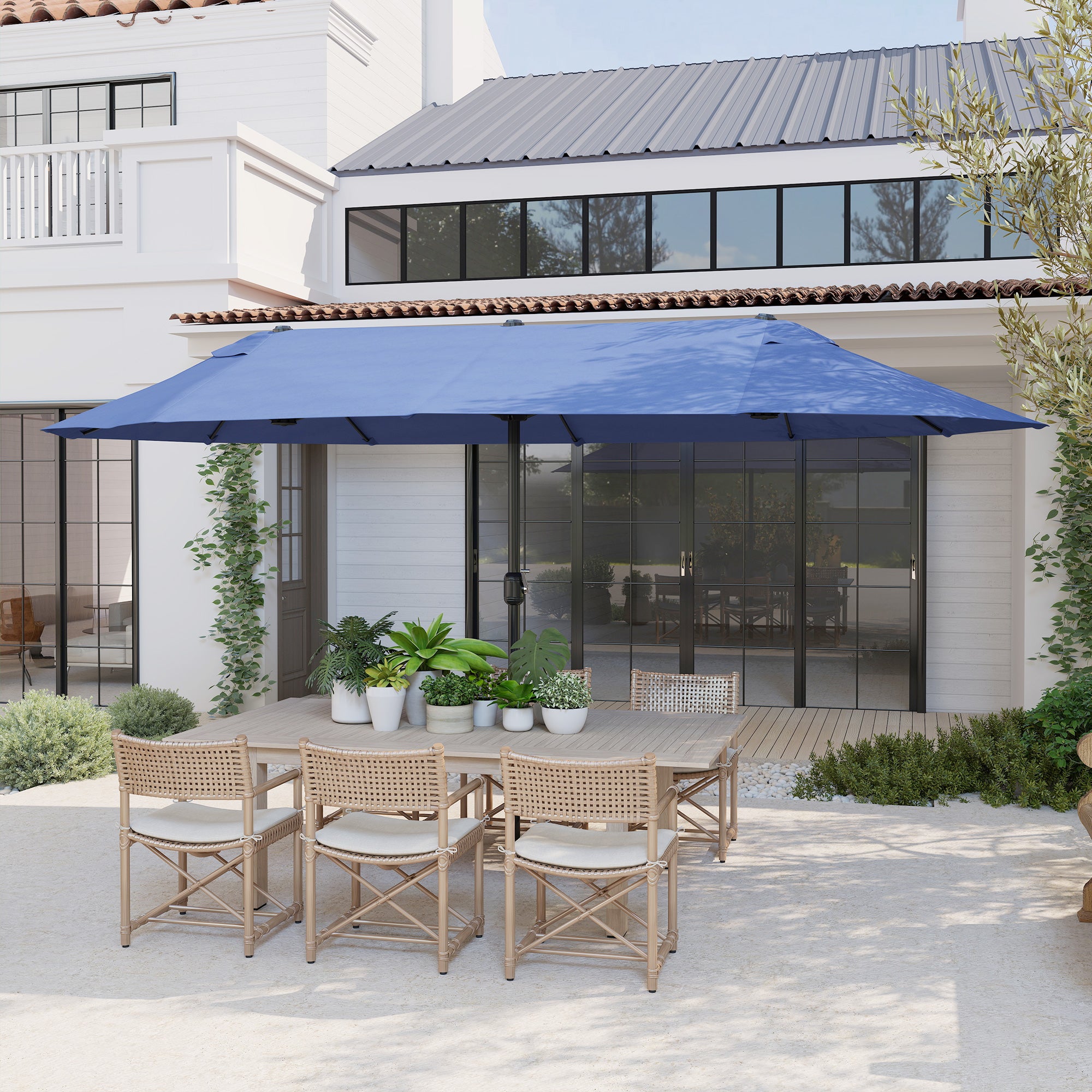 15ft Double-sided Patio Umbrella with Twin Canopy, Extra Large Outdoor Parasol with Crank for Pool, Deck, Market, Blue