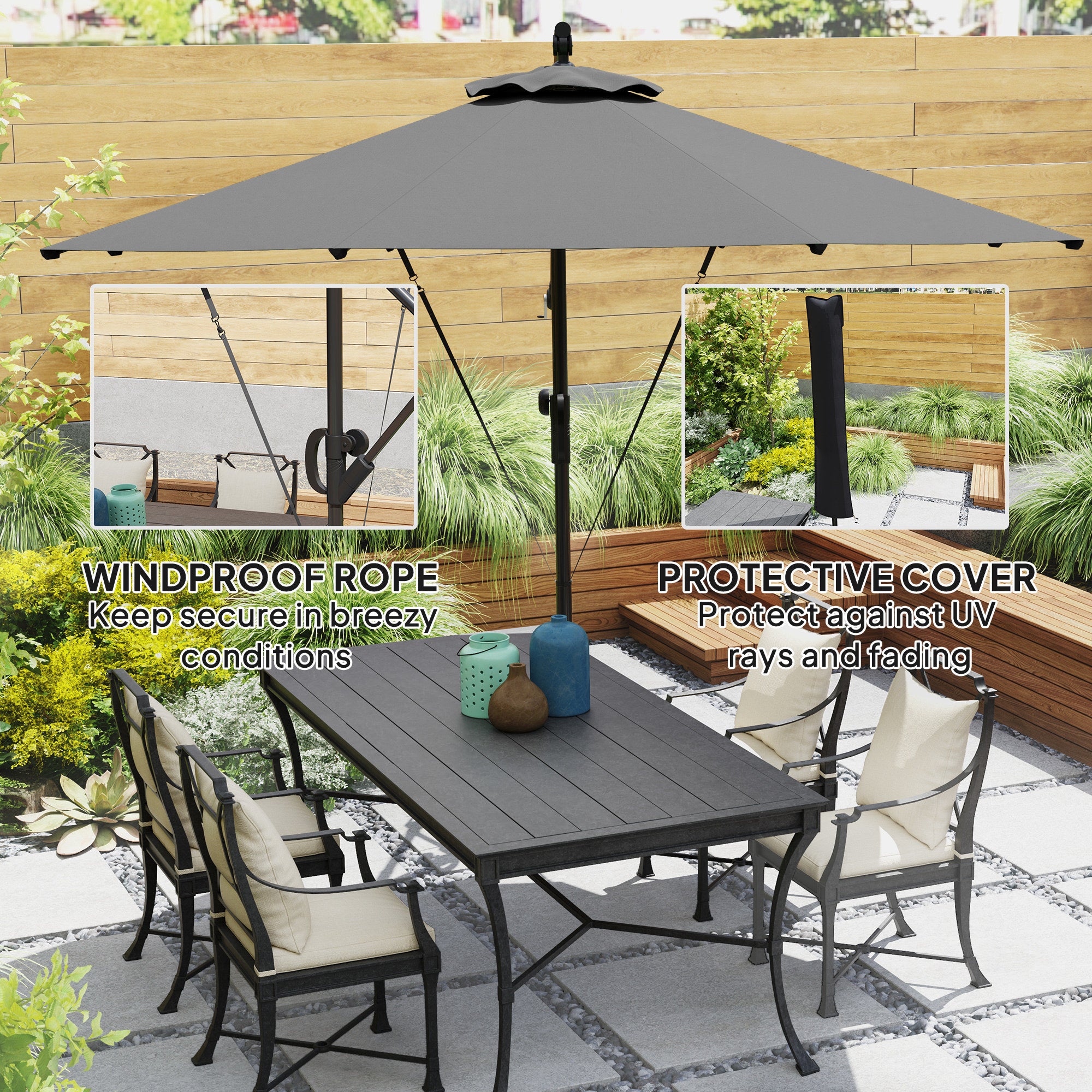 118.1" Patio Offset Umbrella with Cover and Wind Protection Strap,with Crank Handle and Tilt, UPF50+, Grey