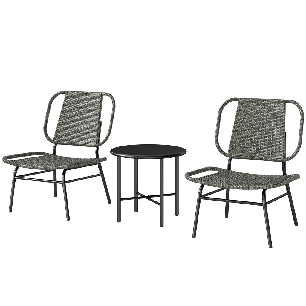 3 Piece Wicker Patio Furniture Set, Outdoor Bistro Set with Steel Table, Rattan Outdoor Conversation Furniture, Grey