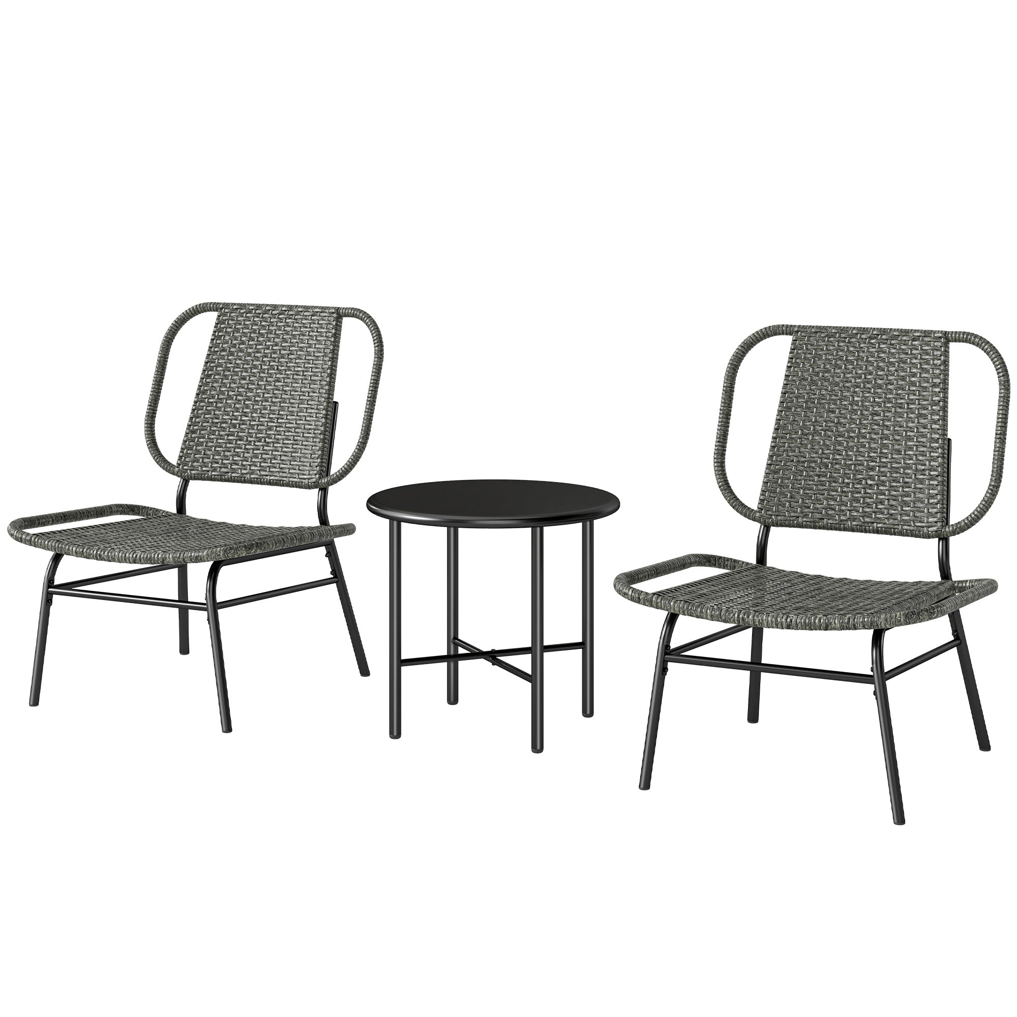 3 Piece Wicker Patio Furniture Set, Outdoor Bistro Set with Steel Table, Rattan Outdoor Conversation Furniture, Grey