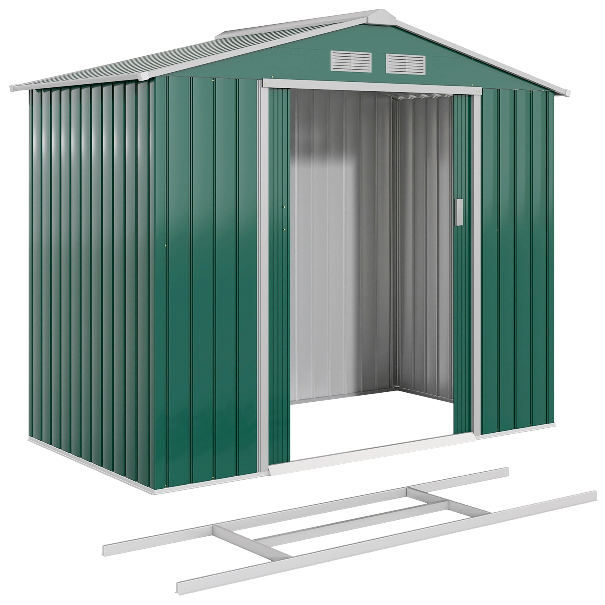 7' x 4' x 6' Garden Storage Shed Outdoor Patio Metal Tool Storage House w/ Foundation Kit and Double Doors Green