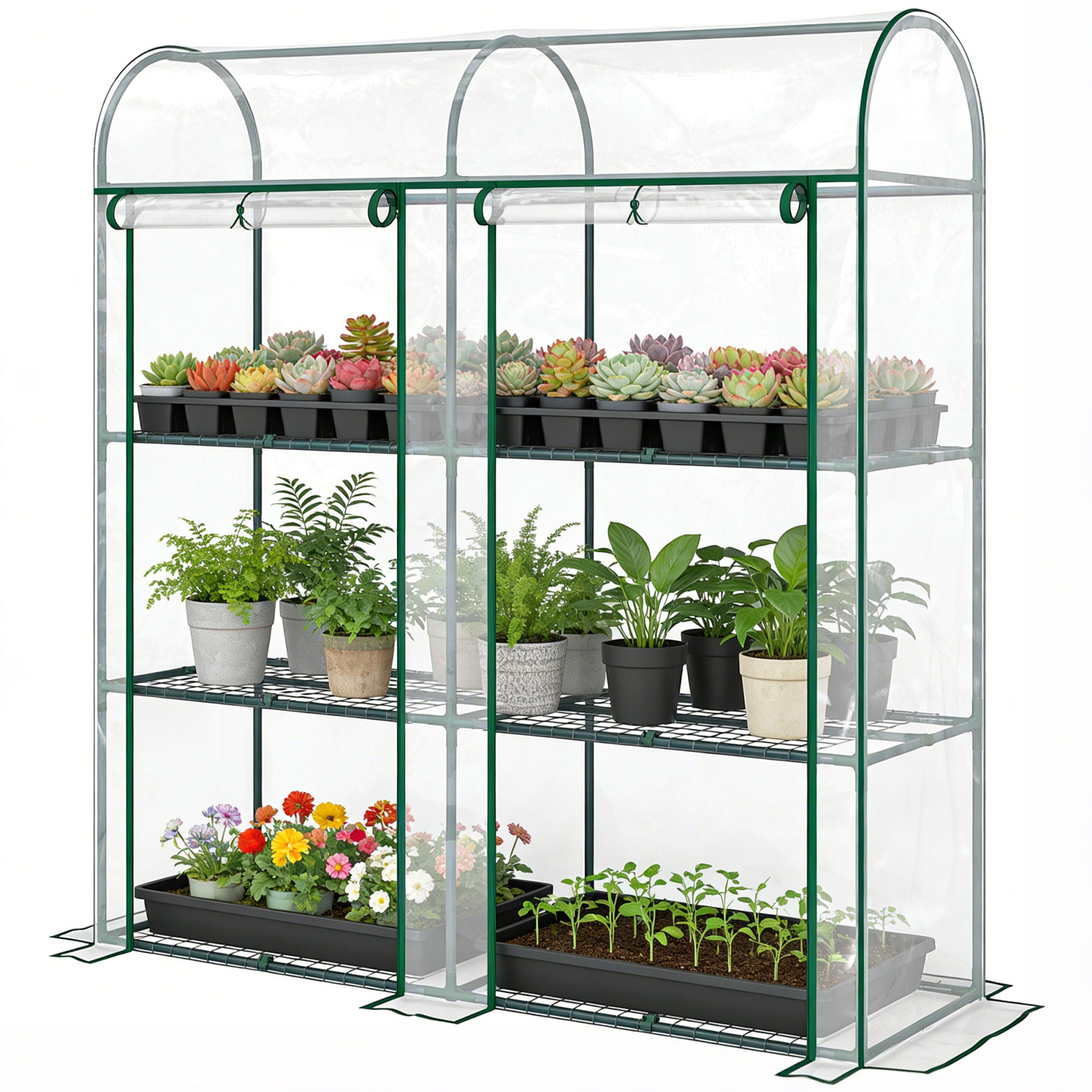 3 Tier Mini Greenhouse, Portable Greenhouse with 2 Roll-up Doors, 56.3" x 18.1" x 64.6", Clear
