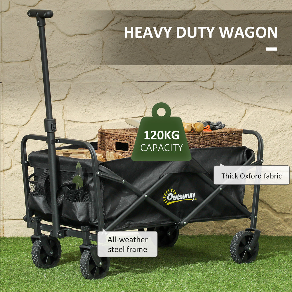 Collapsible Folding Garden Cart, Heavy Duty Lawn Wagon with Universal Wheels and Adjustable Handle, Black