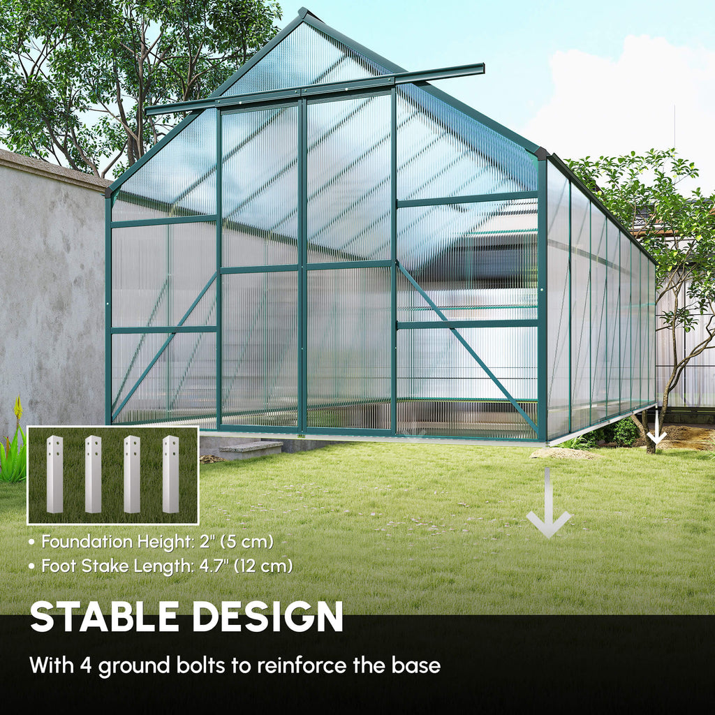 16' x 8' Aluminum Polycarbonate Greenhouse Walk-in Garden Greenhouse Kit with Adjustable Roof Vent, Rain Gutter and Sliding Door for Winter, Green