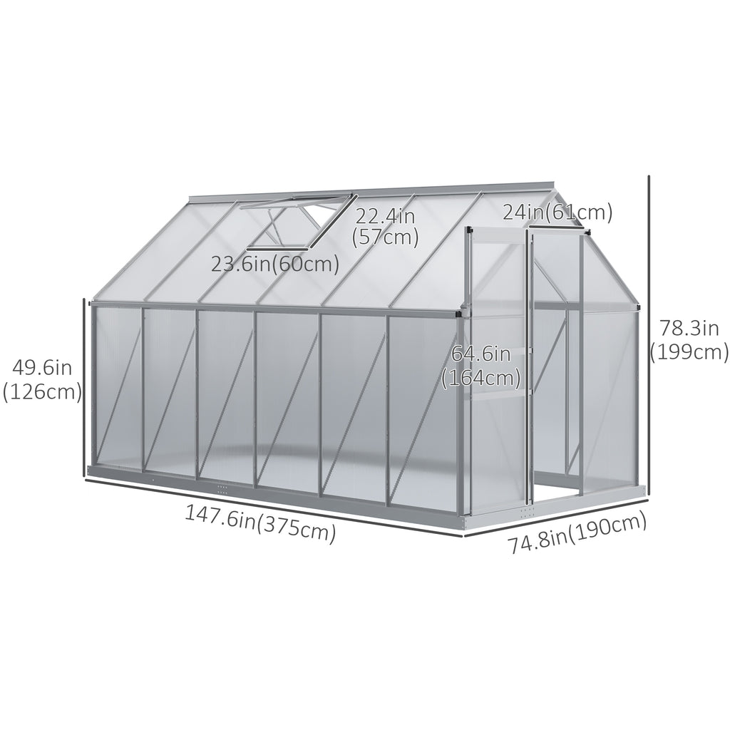 6' x 12' x 6.5' Walk-in Greenhouse, Polycarbonate Greenhouse with Adjustable Roof Vent, Base, Sliding Door, Clear
