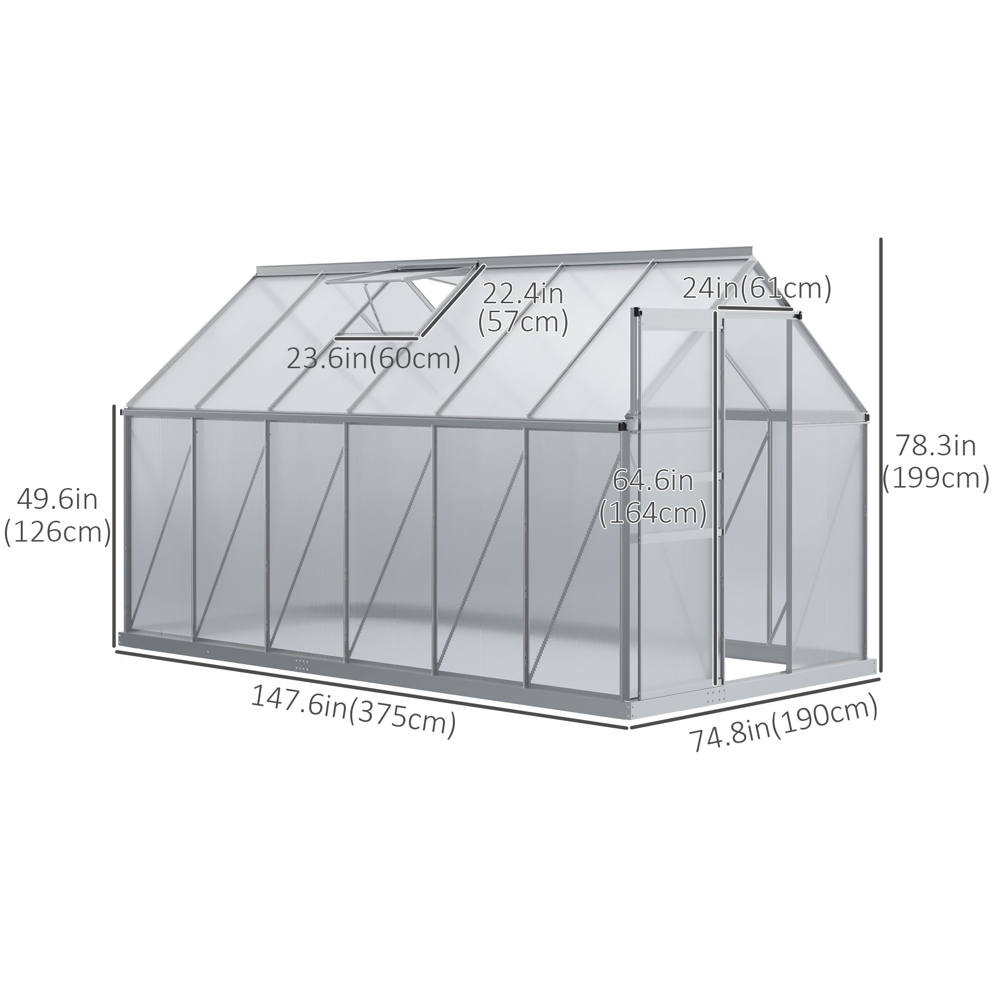 6' x 12' x 6.5' Walk-in Greenhouse, Polycarbonate Greenhouse with Adjustable Roof Vent, Base, Sliding Door, Clear