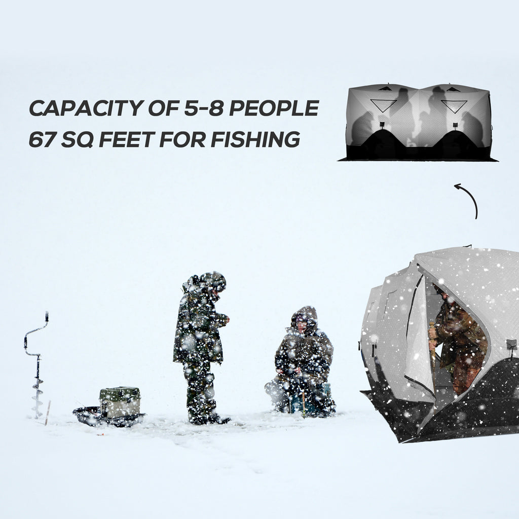 8-Person Insulated Ice Fishing Tent Shelter with Ventilation Windows and Carry Bag, for -22â„‰, Grey