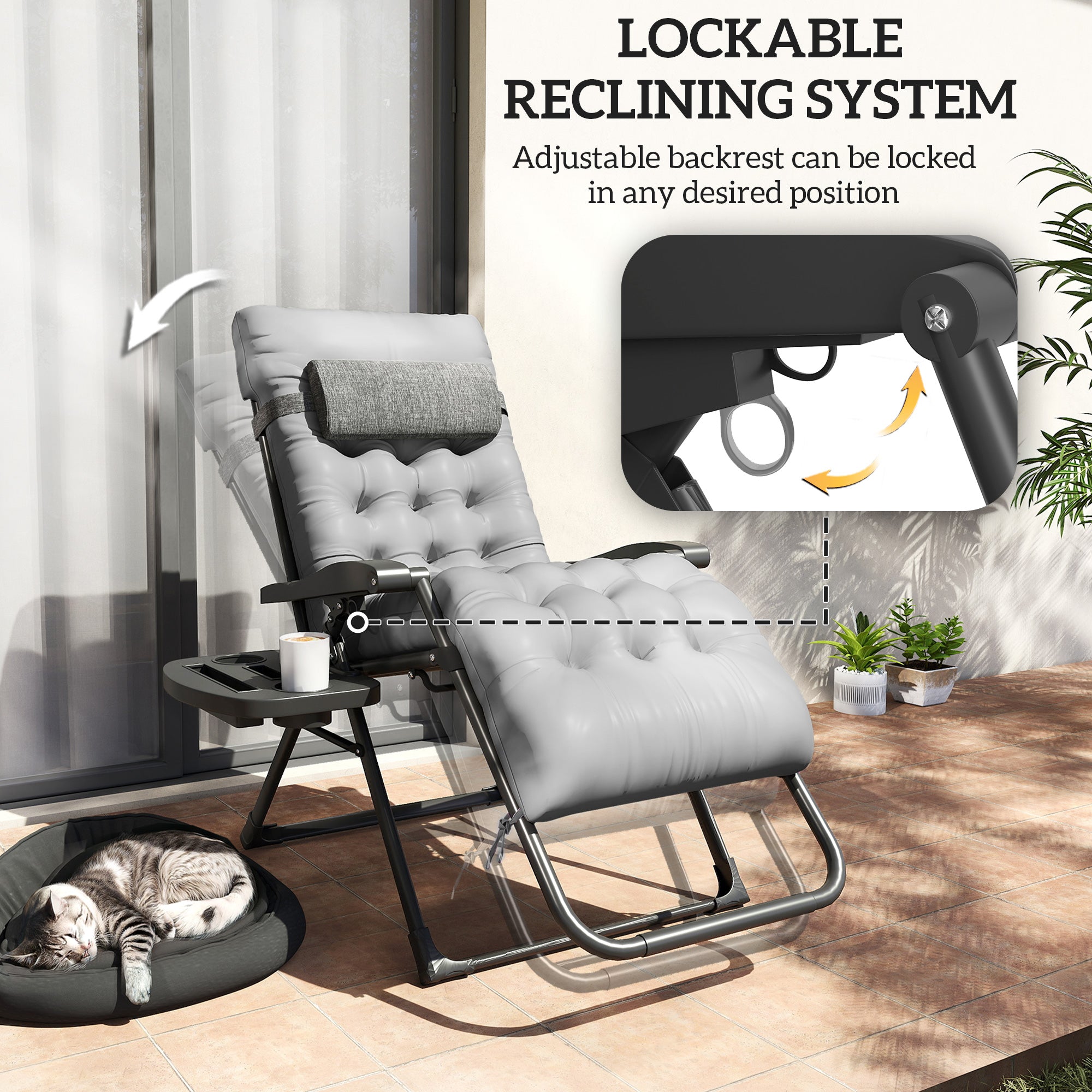 Padded Folding Recliner Chair, Patio Lounger with Cupholder, Adjustable Backrest, Removable Cushion, Grey