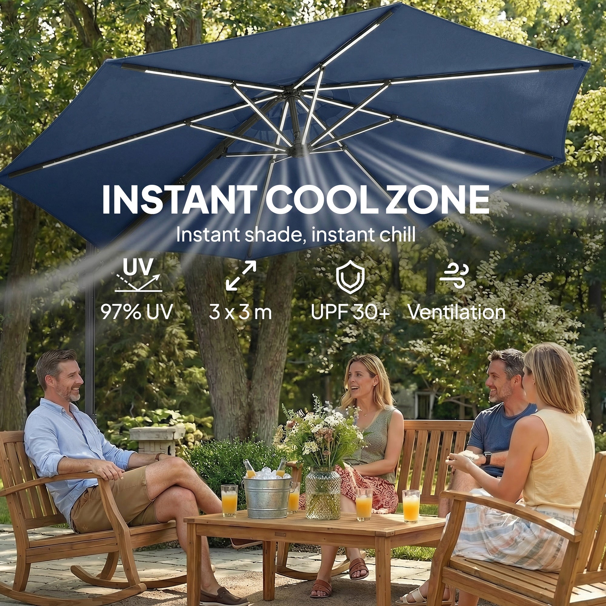 10 ft Offset Patio Umbrella with Solar Light, Garden Hanging Parasol with 360Â° Rotation, Tilt, Cover, Navy Blue