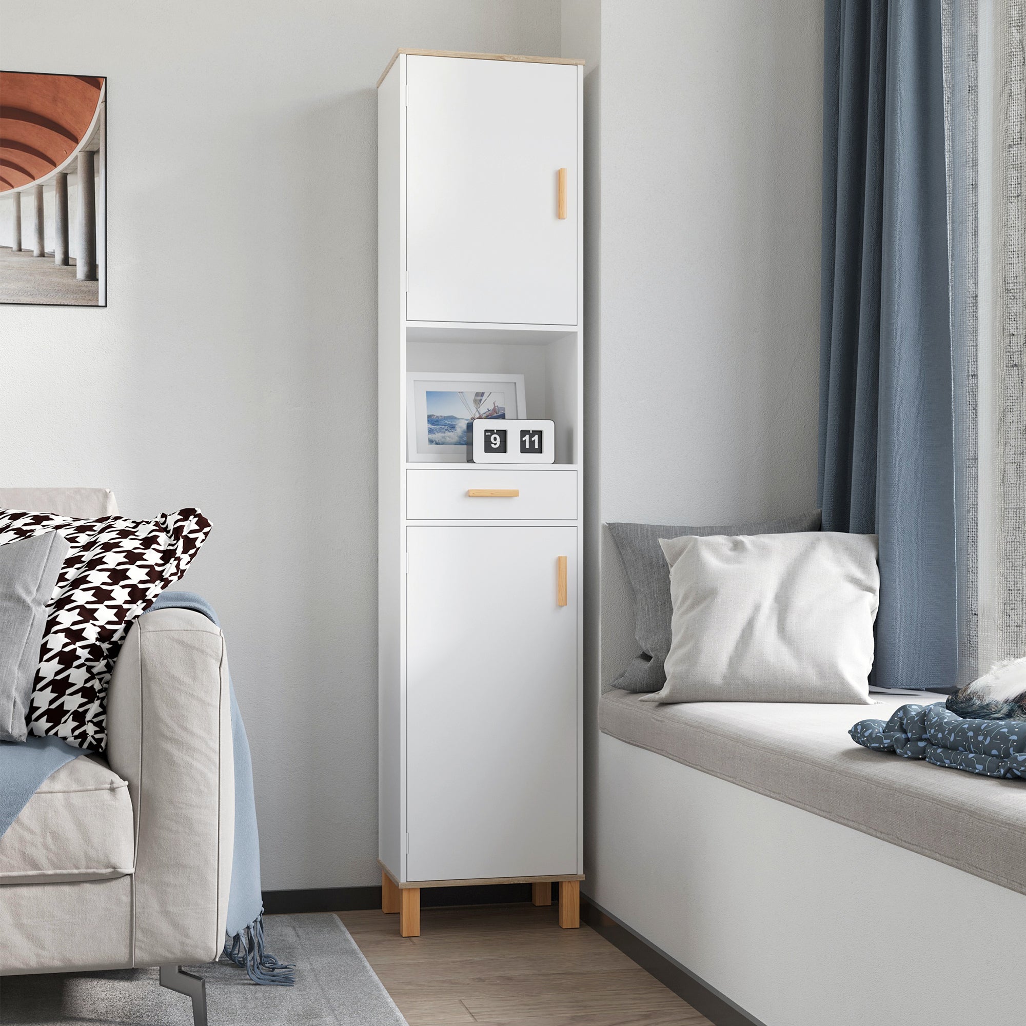 Bathroom Storage Cabinet with Cupboards and Drawer, Floor Free Standing Linen Tower, Tall Slim Side Organizer Shelves, White