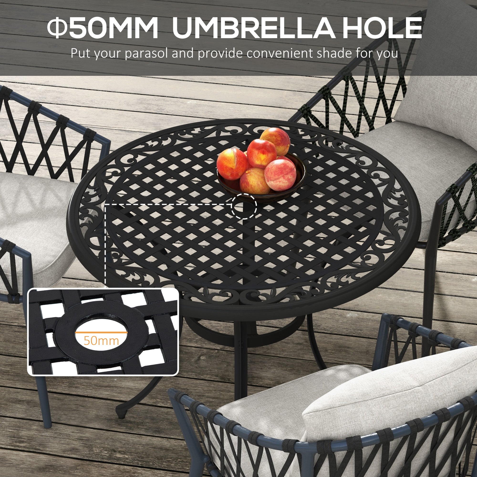 35.5" Round Outdoor Dining Table for 2-4, Cast Aluminum Garden Patio Table with 2" Umbrella Hole, Grid Top, Black