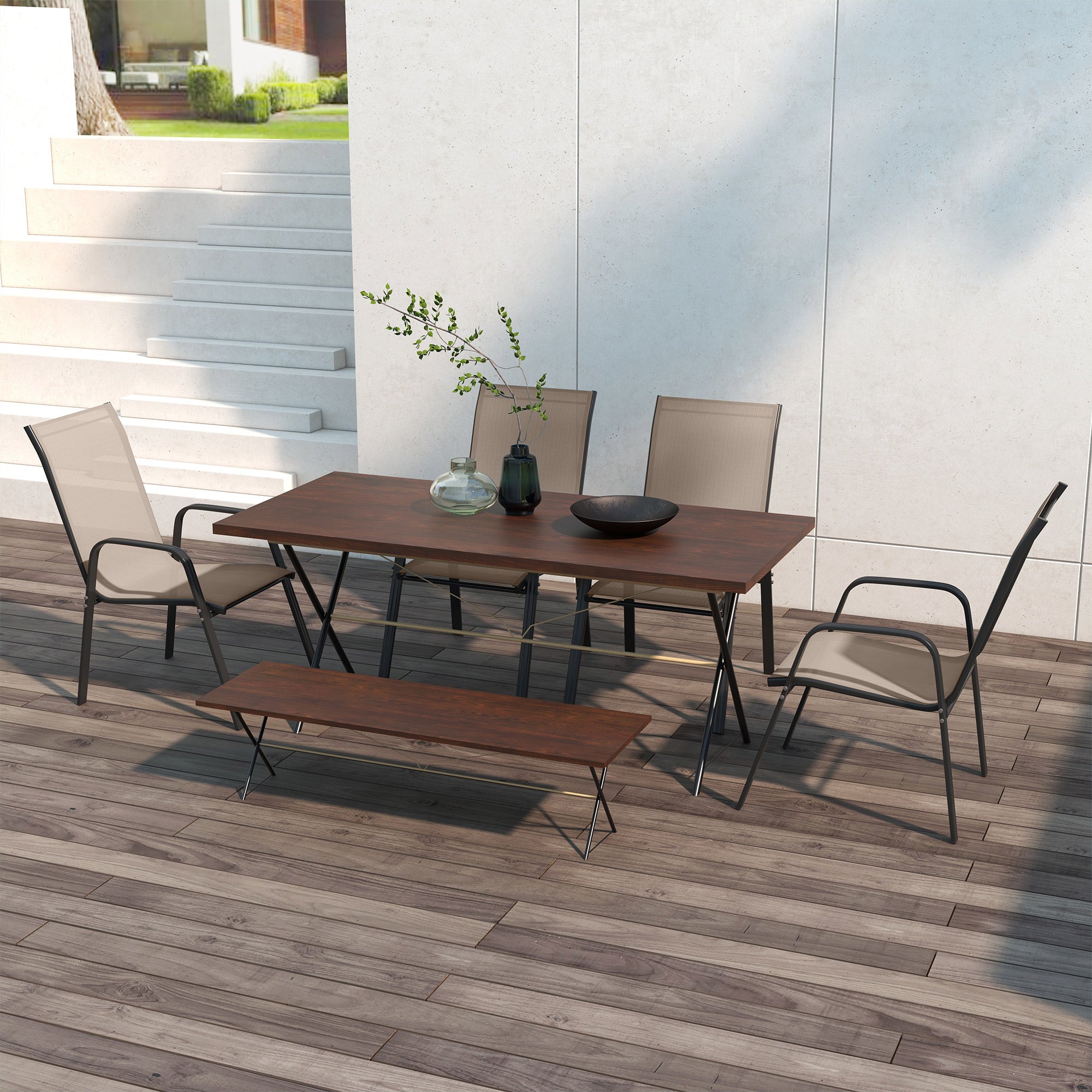 Set of 4 Outdoor Dining Chairs, Heavy Duty Stackable Patio Dining Set with Armrests for Balcony Garden, Grey