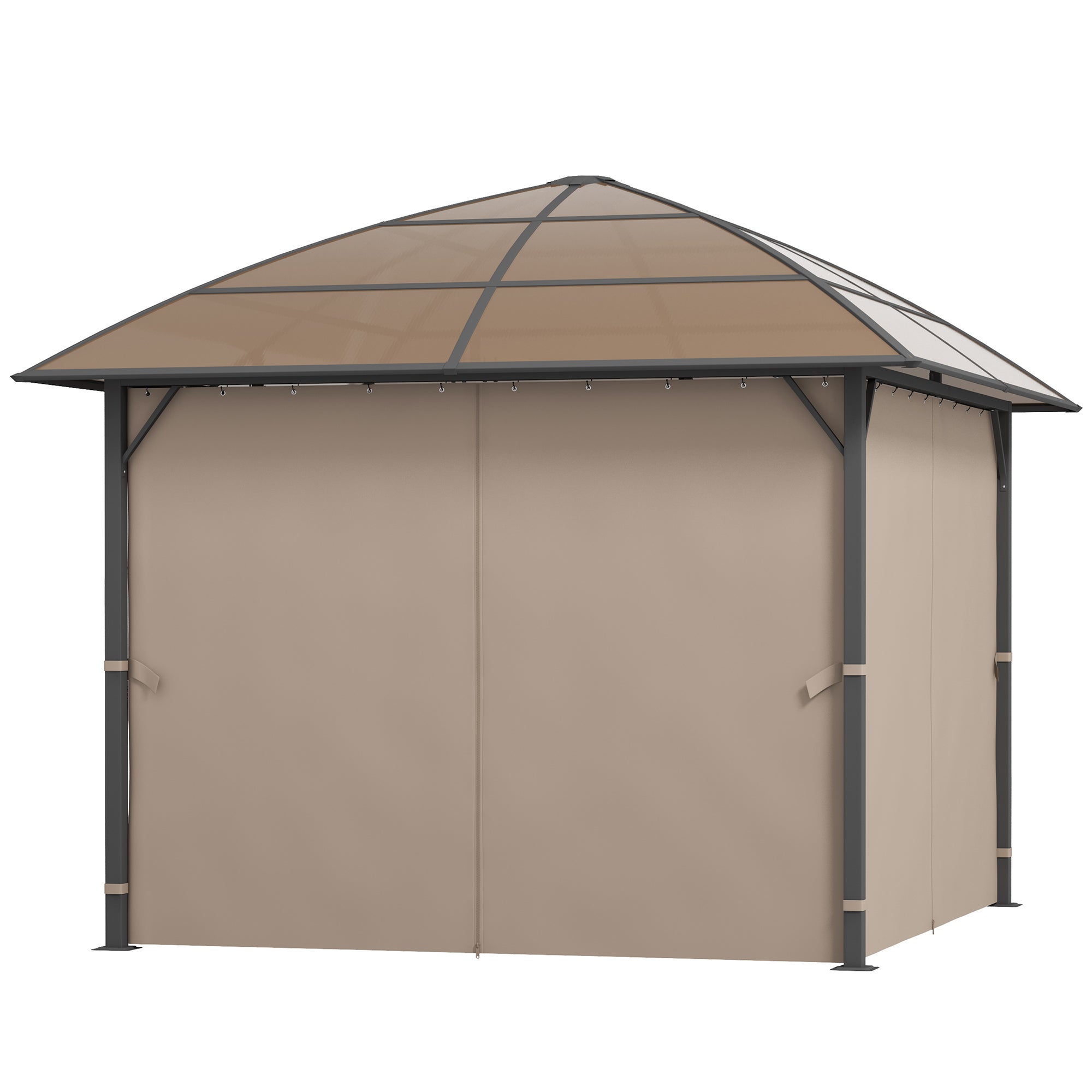 10' x 10' Outdoor Hardtop Gazebo Canopy withÂ UV60+ Polycarbonate Roof, Steel Frame, Central Hook,Â Curtains, Khaki