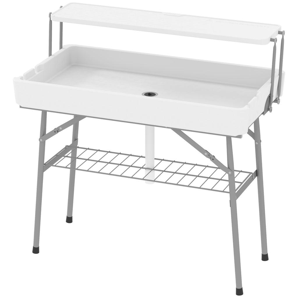 3.5ft Folding Ice Cooler Table with Drain, 2-Tier Outdoor Patio Party Cooler, Fishing Cleaning Table with Storage Shelf for Picnic BBQ Camping Wedding, White