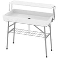 3.5ft Folding Ice Cooler Table with Drain, 2-Tier Outdoor Patio Party Cooler, Fishing Cleaning Table with Storage Shelf for Picnic BBQ Camping Wedding, White