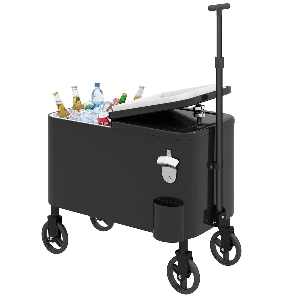60-Qt Outdoor Patio Cooler Cart, Rolling Ice Chest with Adjustable Handle, Wheels, Bottle Opener, Drainage, Black