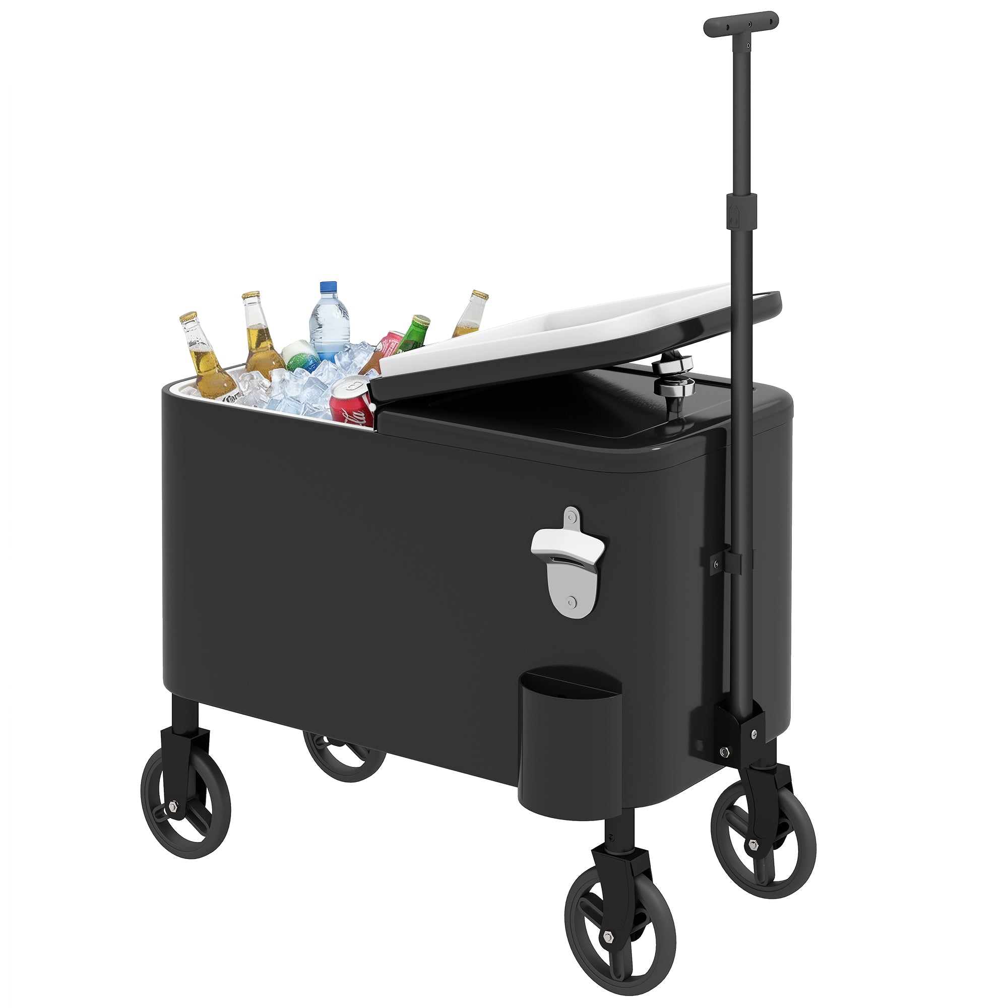 60-Qt Outdoor Patio Cooler Cart, Rolling Ice Chest with Adjustable Handle, Wheels, Bottle Opener, Drainage, Black