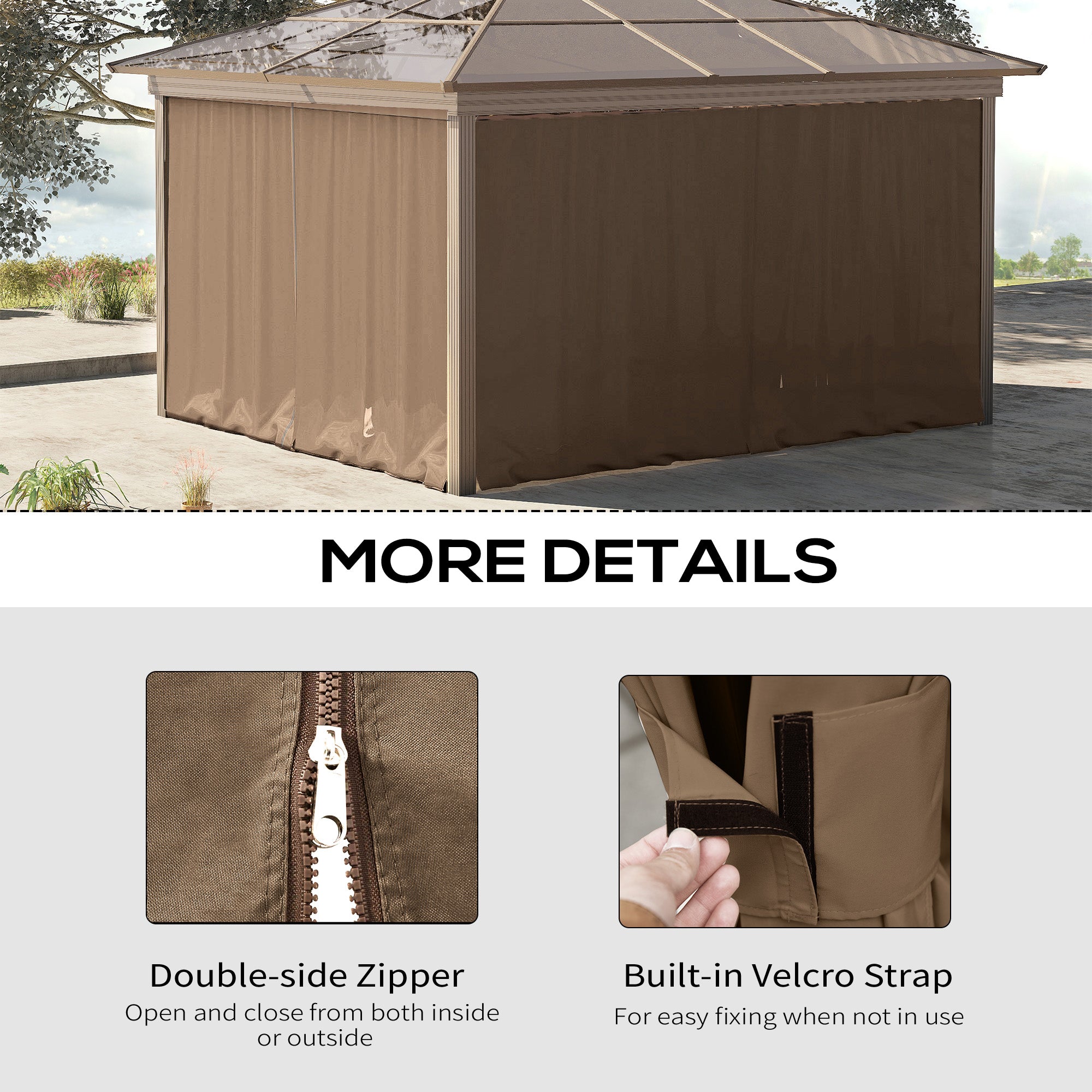 Gazebo Curtains, 10' x 10' Universal Replacement Privacy Curtain, 4-Panels Sidewall with Hooks/C-Rings, Brown