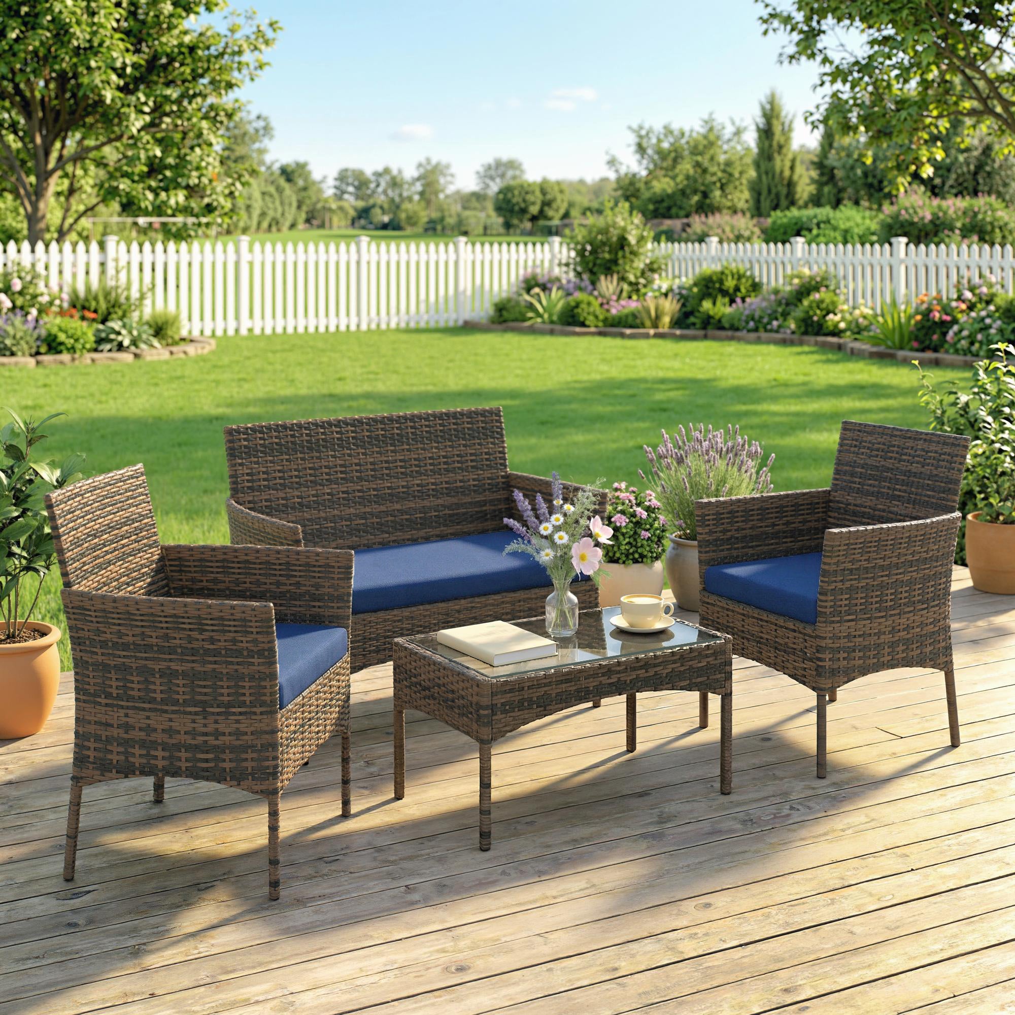 4 Pieces Wicker Outdoor Balcony Furniture Set Rattan Patio Furniture Set with Loveseat Chairs Glass Coffee Table Navy Blue