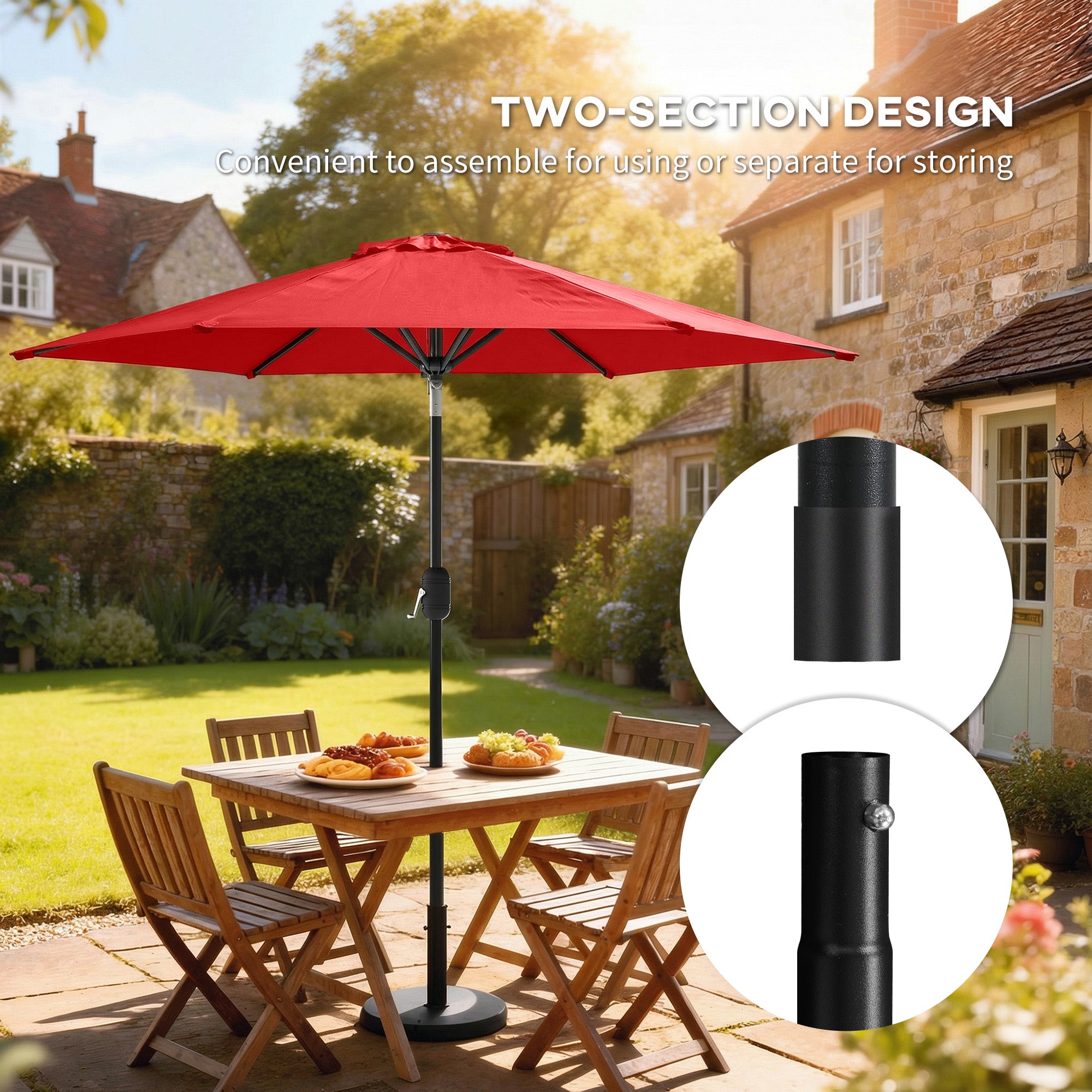Patio Sun Umbrella, Outdoor Parasol with 6 Ribs, Wine Red