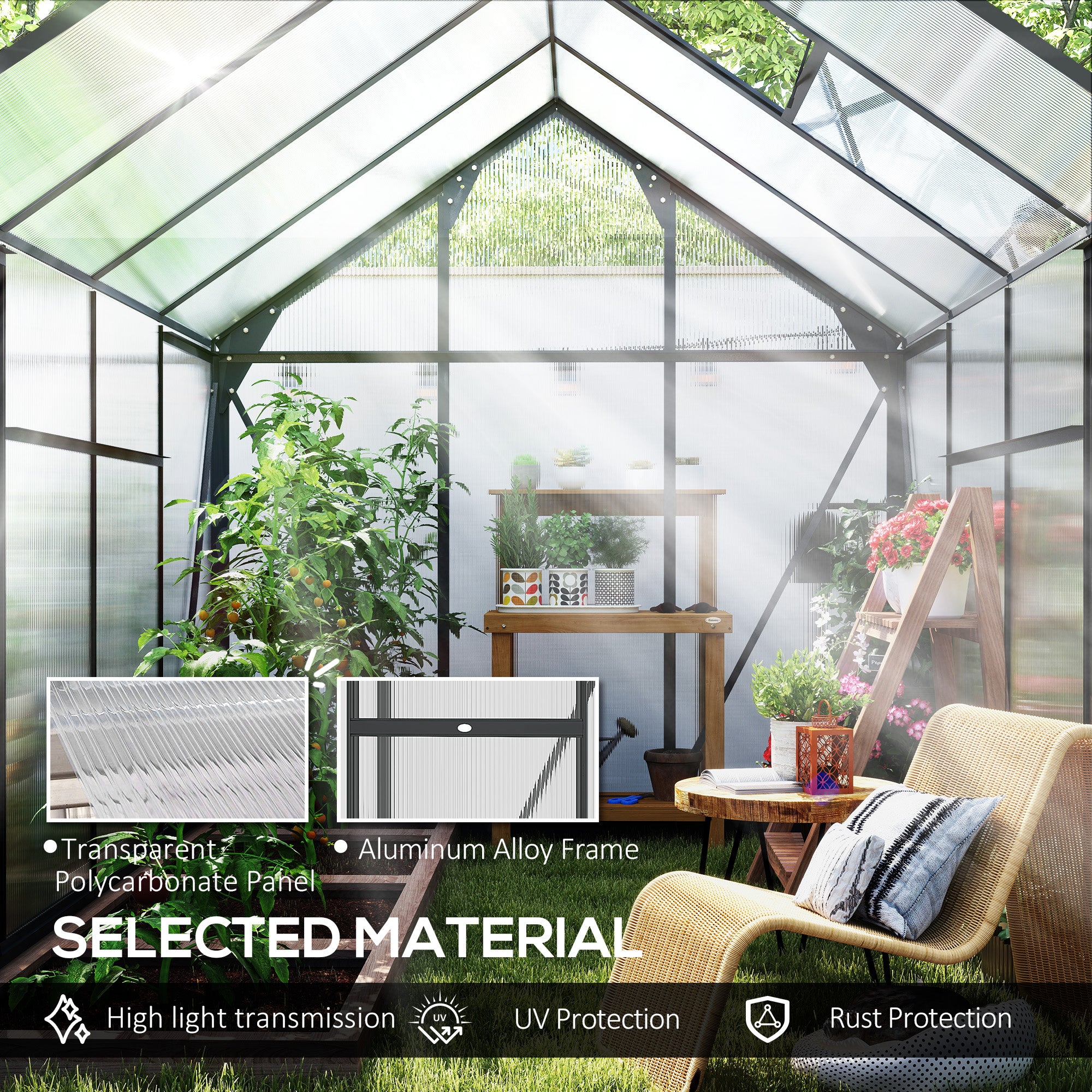 Greenhouse Kit with Rooftop vent, PC Board and Sliding Door, 6.2' x 8.3' x 6.6' Garden Greenhouse, Grey
