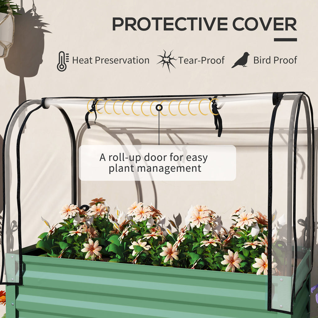 Raised Garden Bed with Cover, Metal Elevated Planter Box with Bottom Shelf and Liner, Green