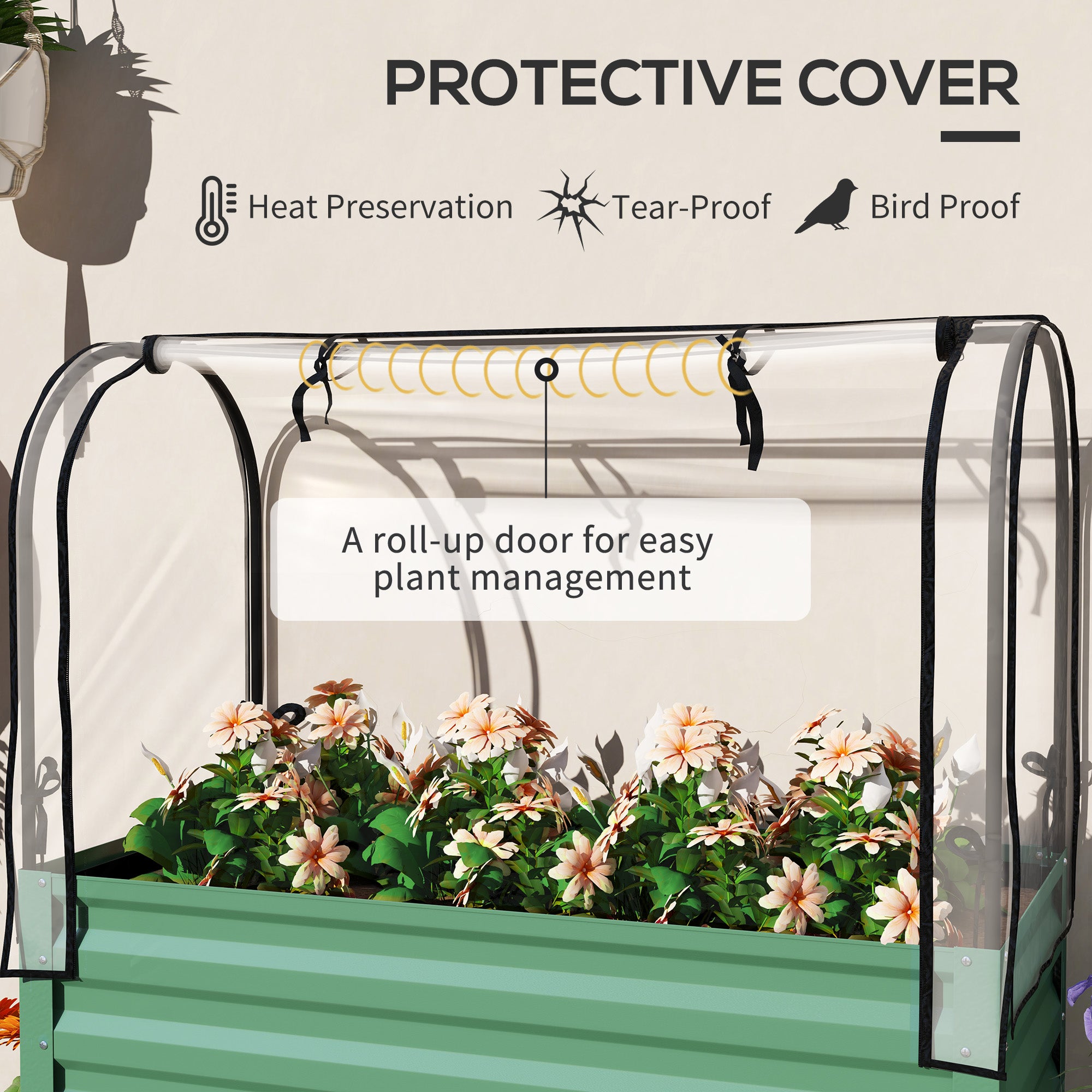 Raised Garden Bed with Cover, Metal Elevated Planter Box with Bottom Shelf and Liner, Green