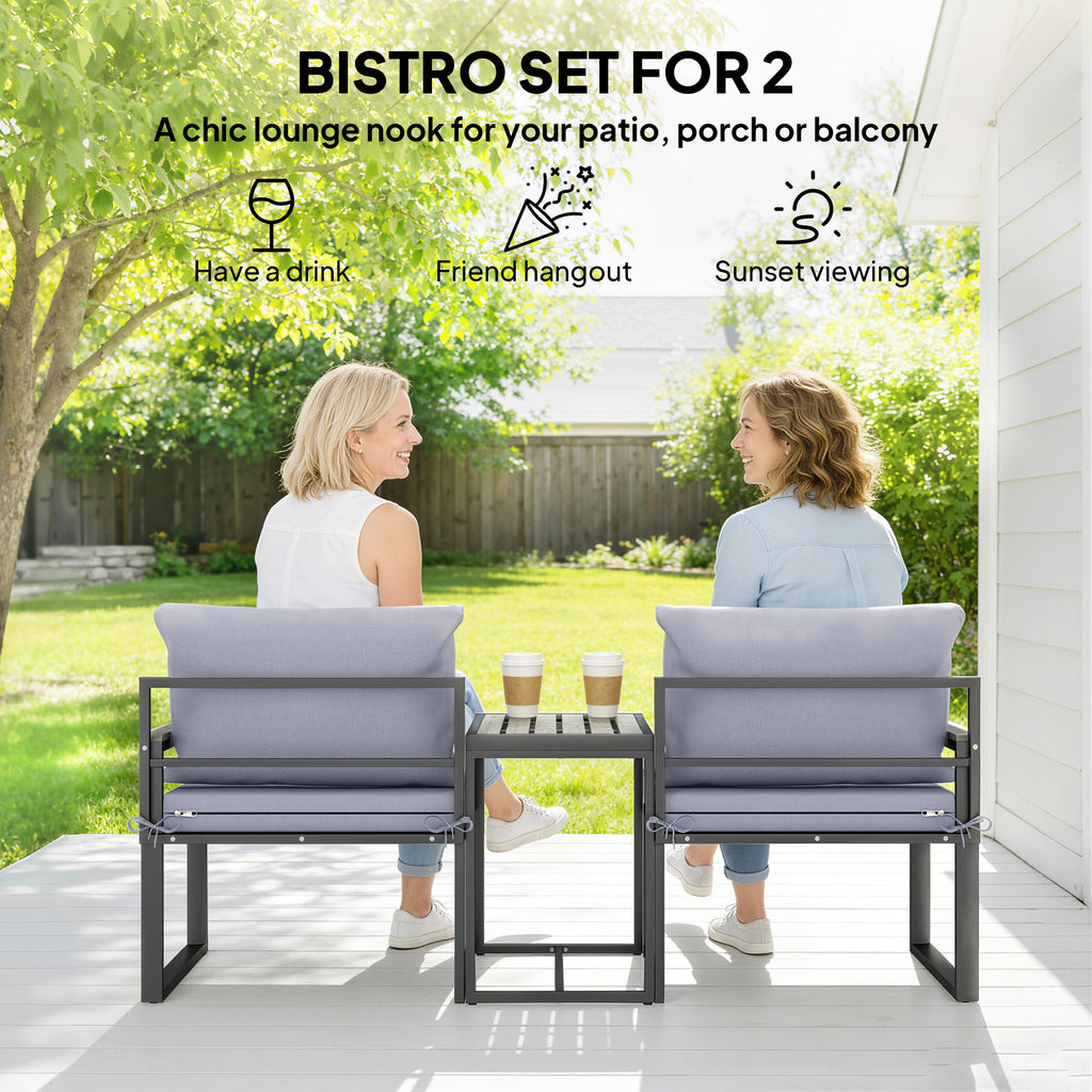 Outdoor Bistro Set, Patio Furniture Set with 2 Chairs and Side Table for Garden Balcony Poolside, Grey
