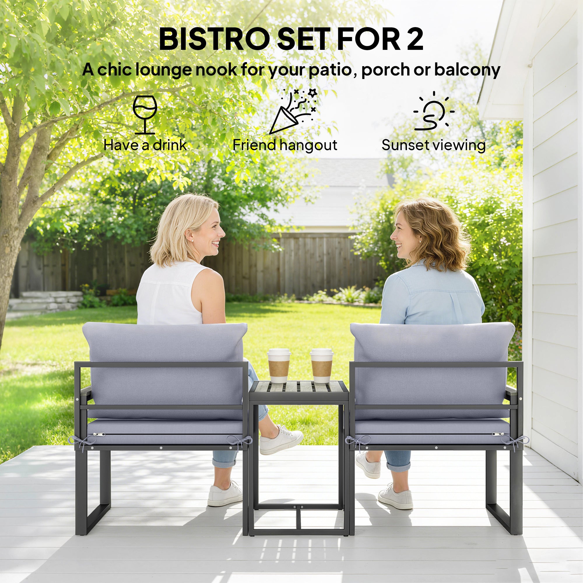 Outdoor Bistro Set, Patio Furniture Set with 2 Chairs and Side Table for Garden Balcony Poolside, Grey