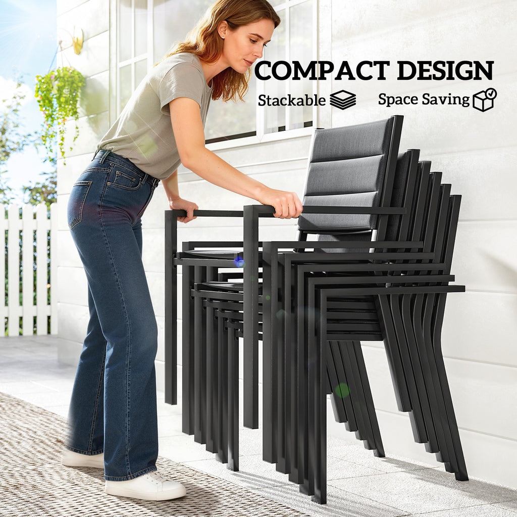 Patio Dining Set for 6, Aluminum Expandable Outdoor Table and 6 Stackable Chairs with Padded Back, Mesh Seat, Black
