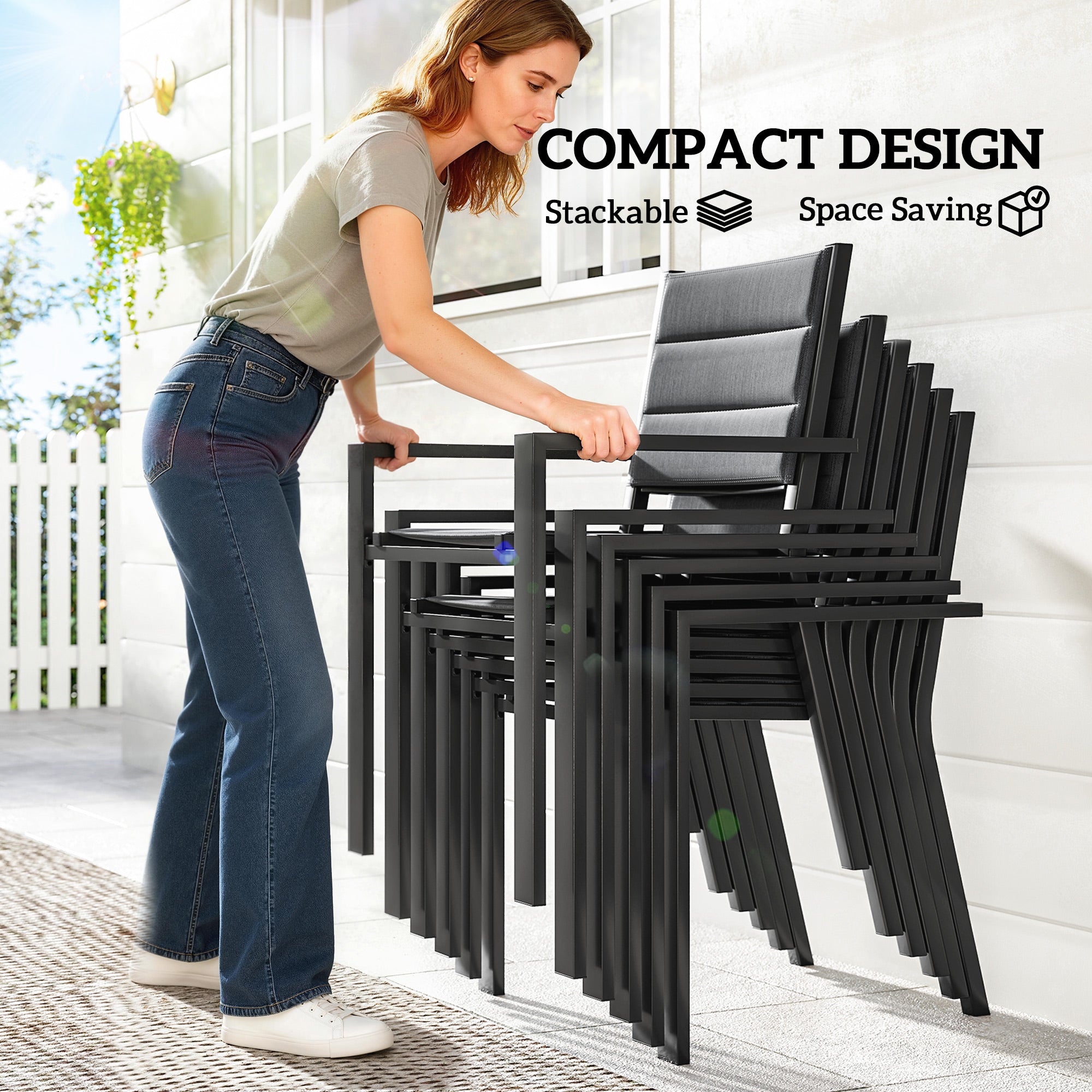 Patio Dining Set for 6, Aluminum Expandable Outdoor Table and 6 Stackable Chairs with Padded Back, Mesh Seat, Black