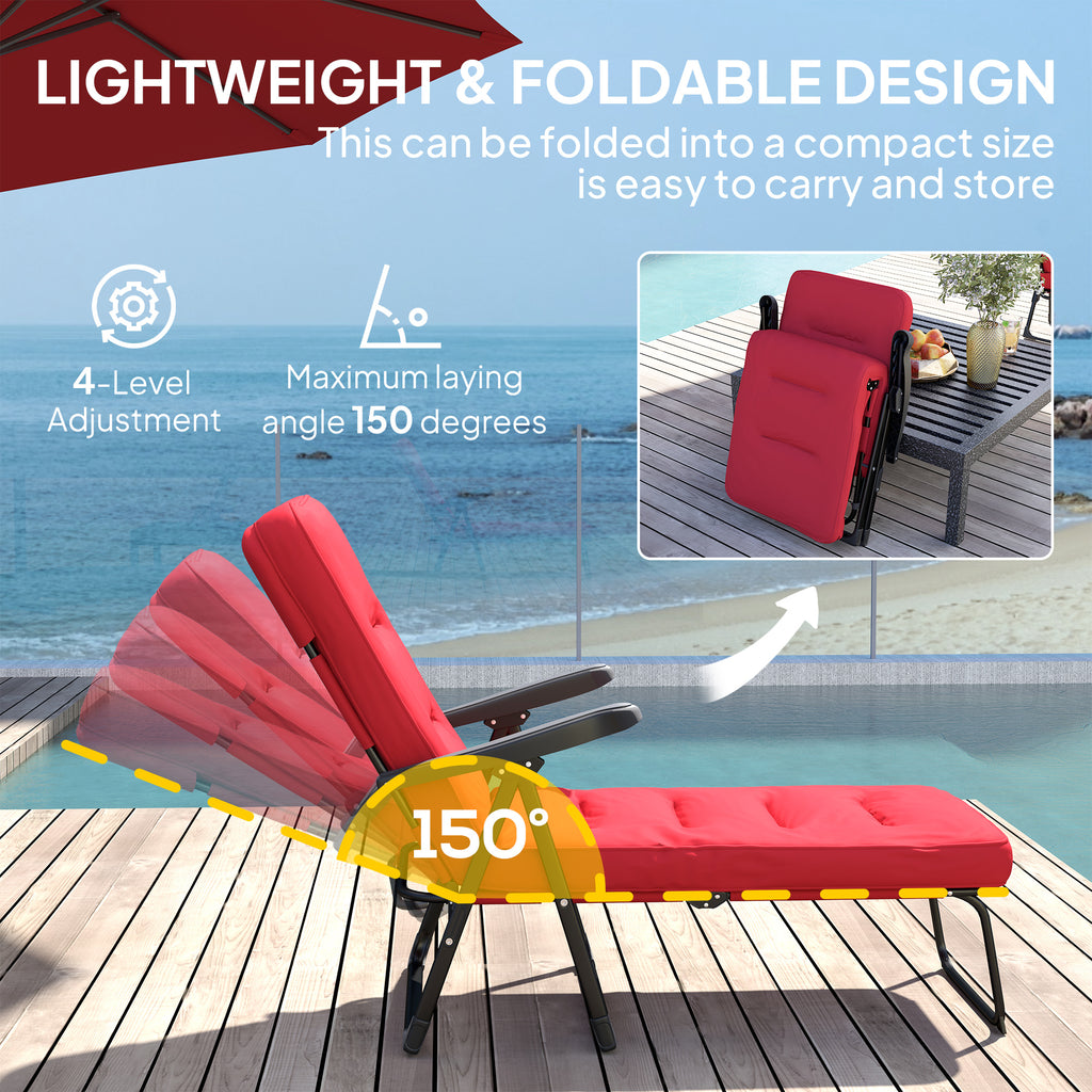 Folding Outdoor Lounge Chair with Cushion, Adjustable Backrest, Reclining Patio Garden Chair with Footrest, Wine Red