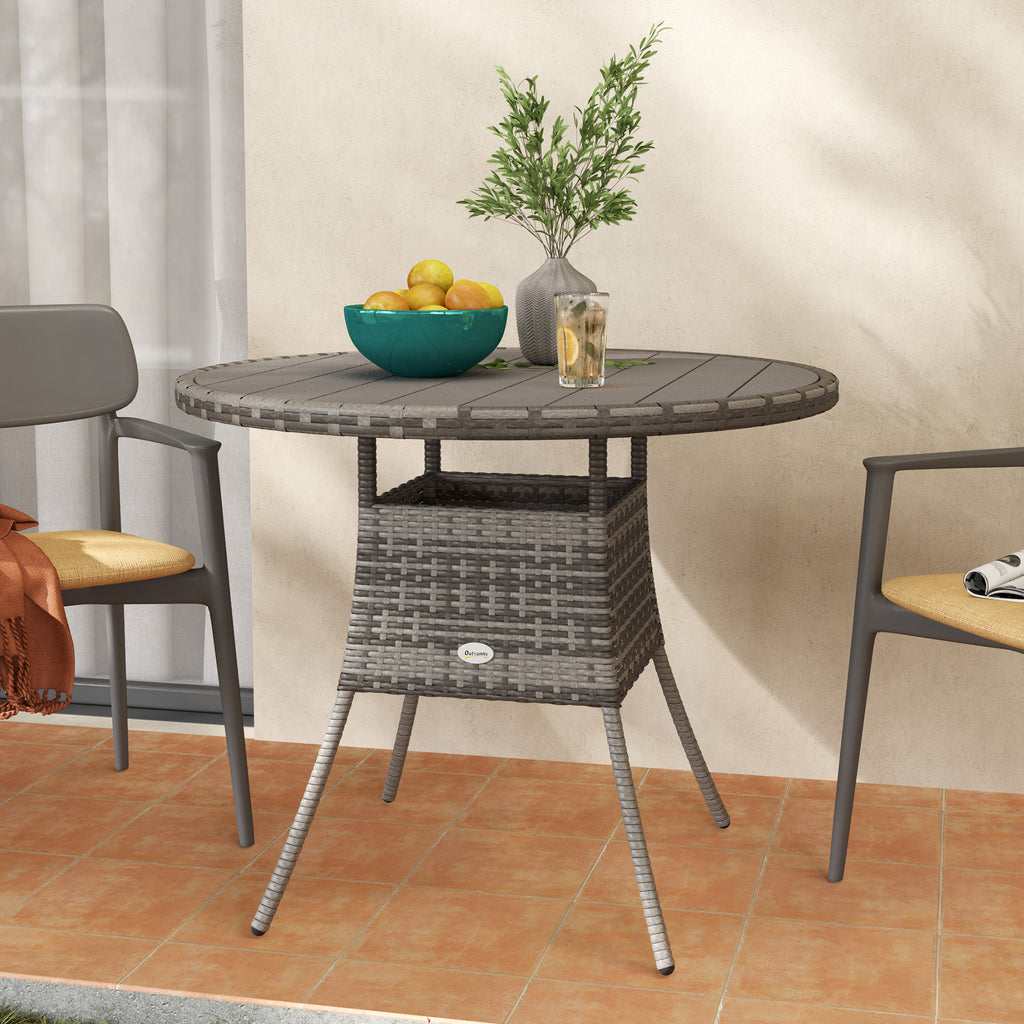 35.4" Outdoor Wicker Dining Table, PE Rattan Patio Furniture with Wood-plastic Composite Top, Grey