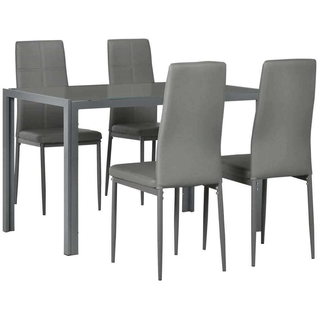 5-Piece Rectangular Glass Kitchen Table and Chairs with Metal Frame and Faux Leather Upholstery for Dining Room, Grey