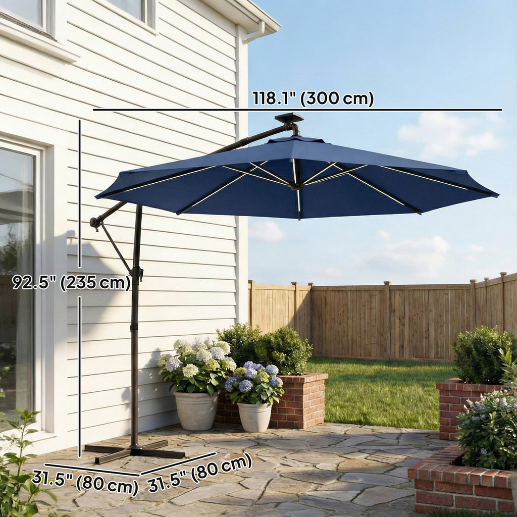 10 ft Offset Patio Umbrella with Solar Light, Garden Hanging Parasol with 360Â° Rotation, Tilt, Cover, Navy Blue