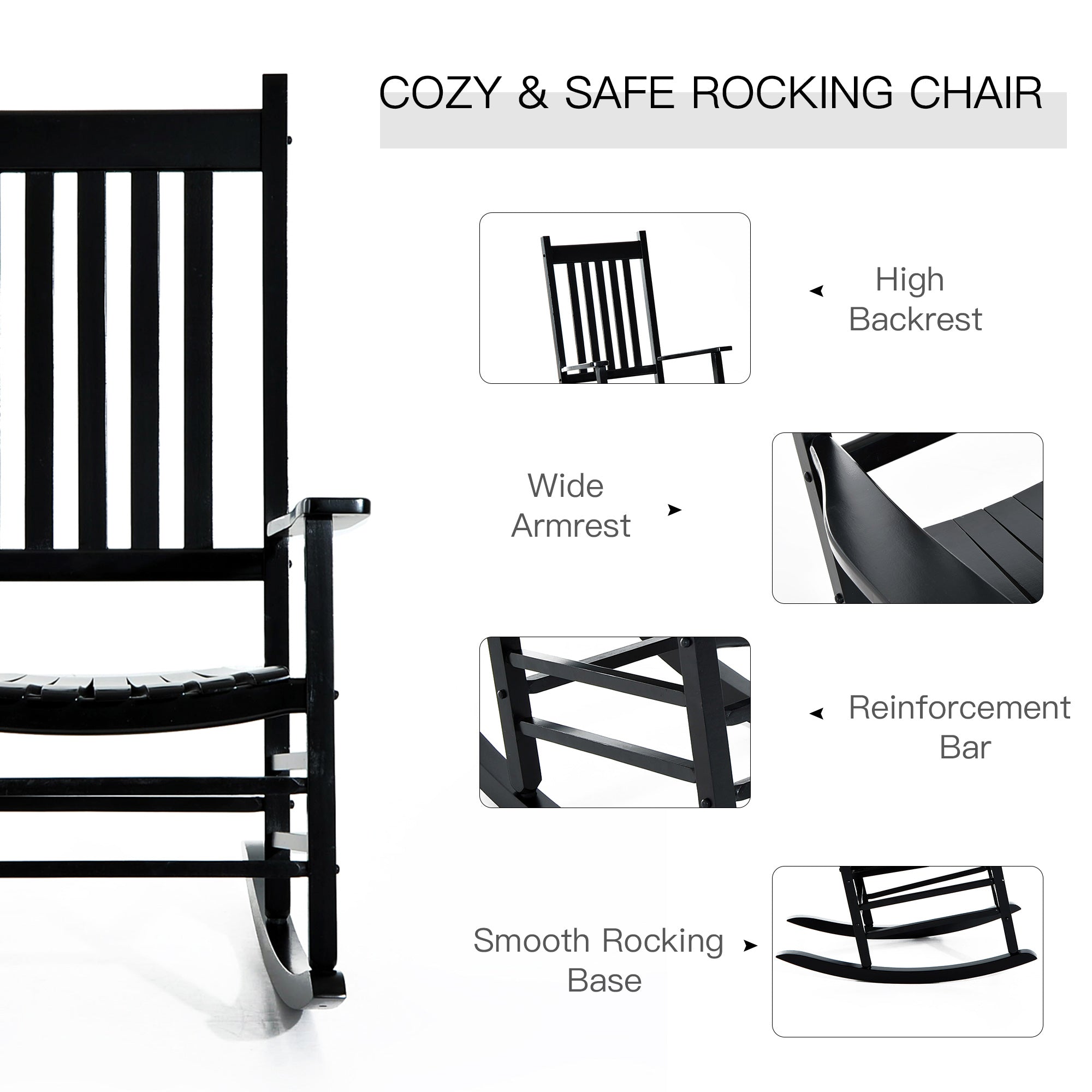 Wooden Porch Rocking Chair Outdoor Patio Rocker Garden Single Leisure Reclining Seat Armchair Black