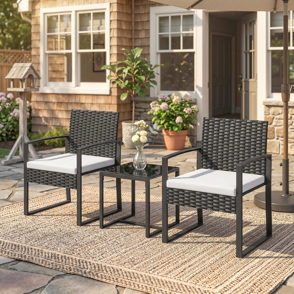 Outdoor Bistro Set, 3 Piece Wicker Patio Furniture Set with Glass Top Table and Cushions for Porch, Balcony, Cream White